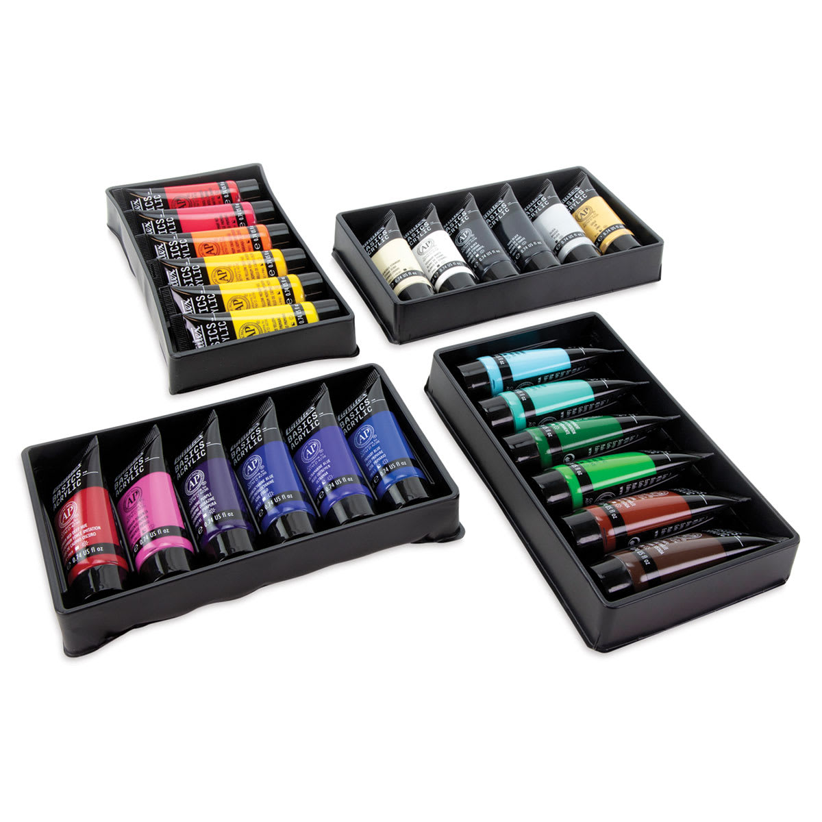 Liquitex Basics Acrylic Paint - Set of 24. Four open trays with eight paint tubes each.