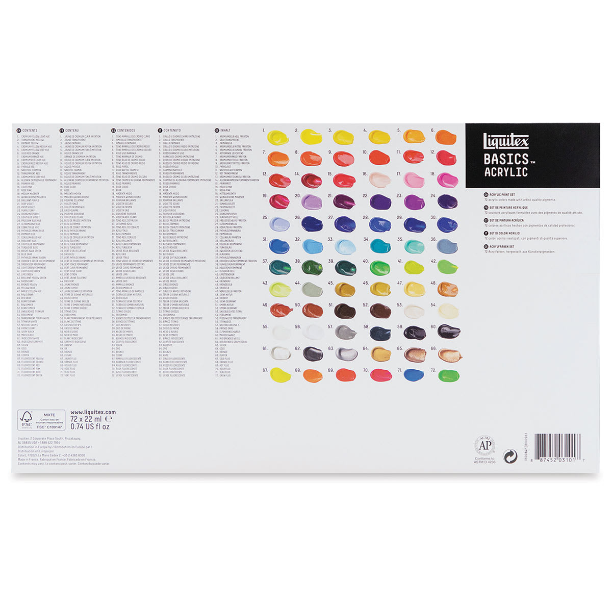 Liquitex Basics Acrylic Set - Set of 72, Assorted Colors, 0.74 oz, Tubes (Back of packaging)