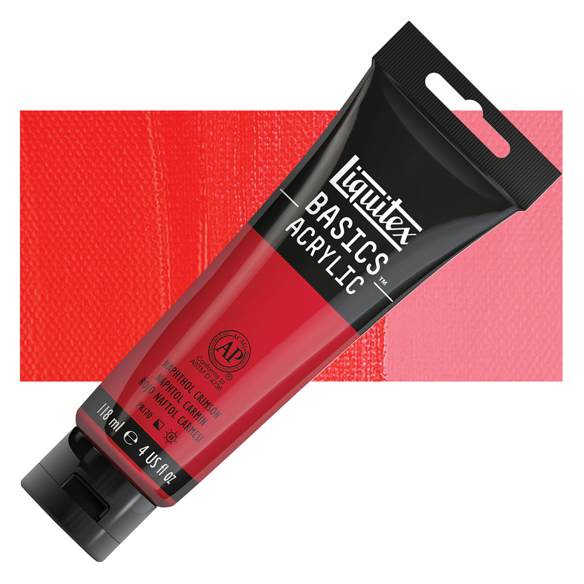 Liquitex Basics Acrylic Paint - Naphthol Crimson, 4 oz tube and swatch
