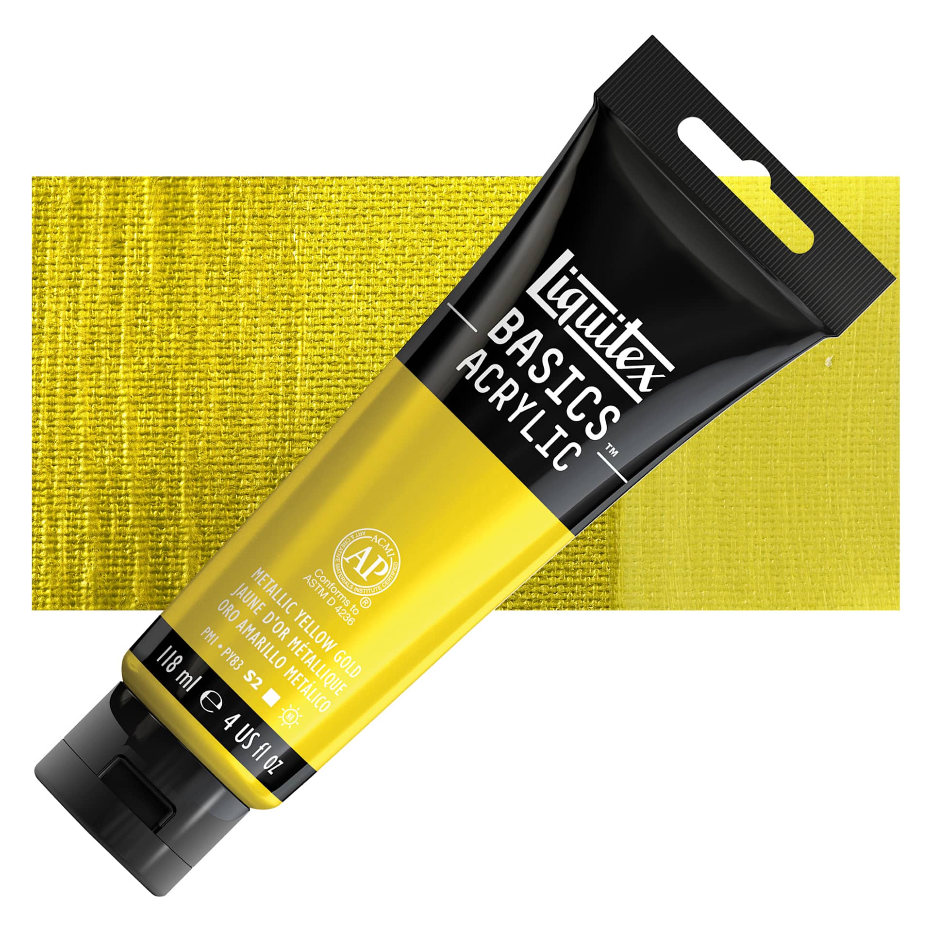 Liquitex Basics - Metallic Yellow Gold, 118 ml tube and swatch