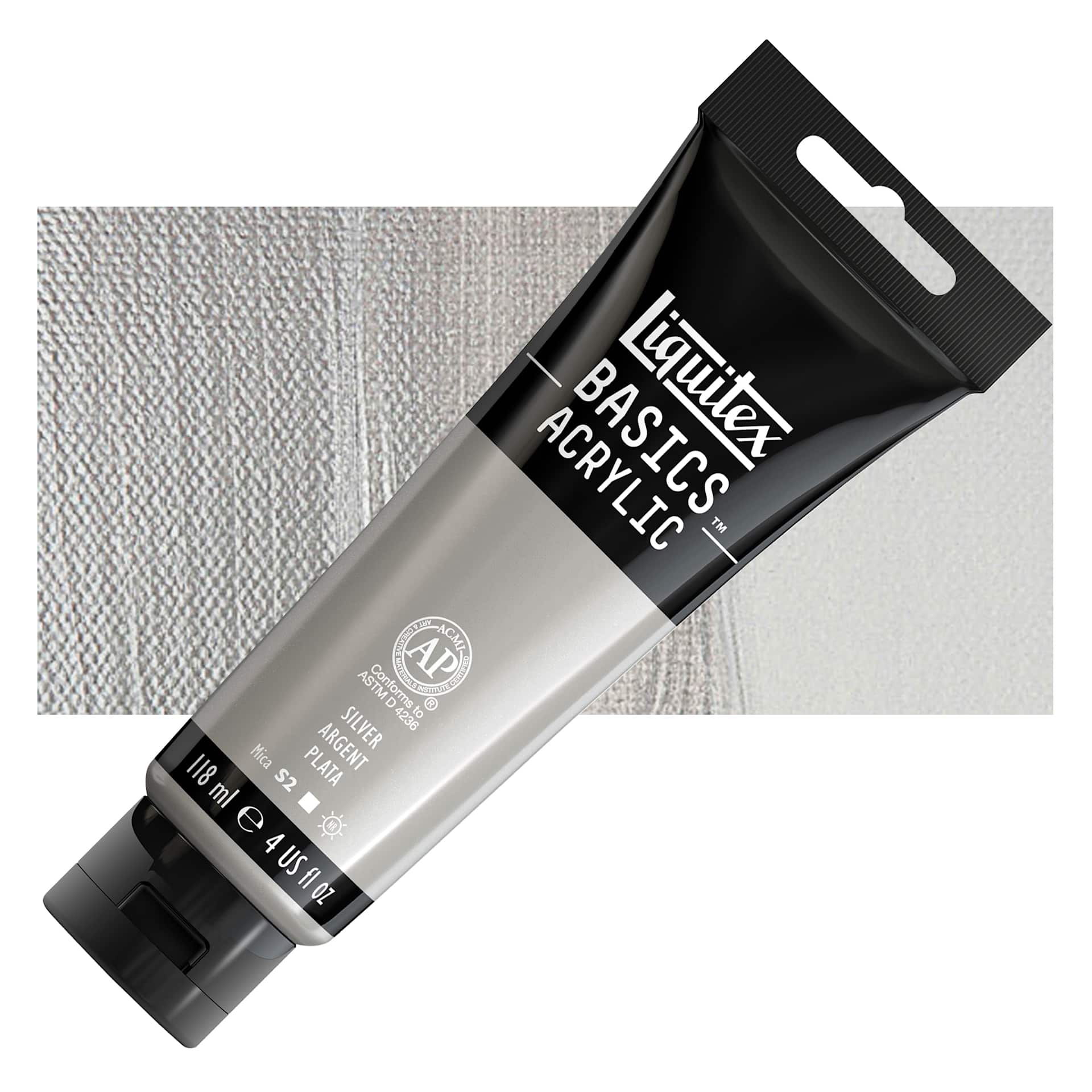 Liquitex Basics Acrylic Paint - Silver, 4 oz tube and swatch