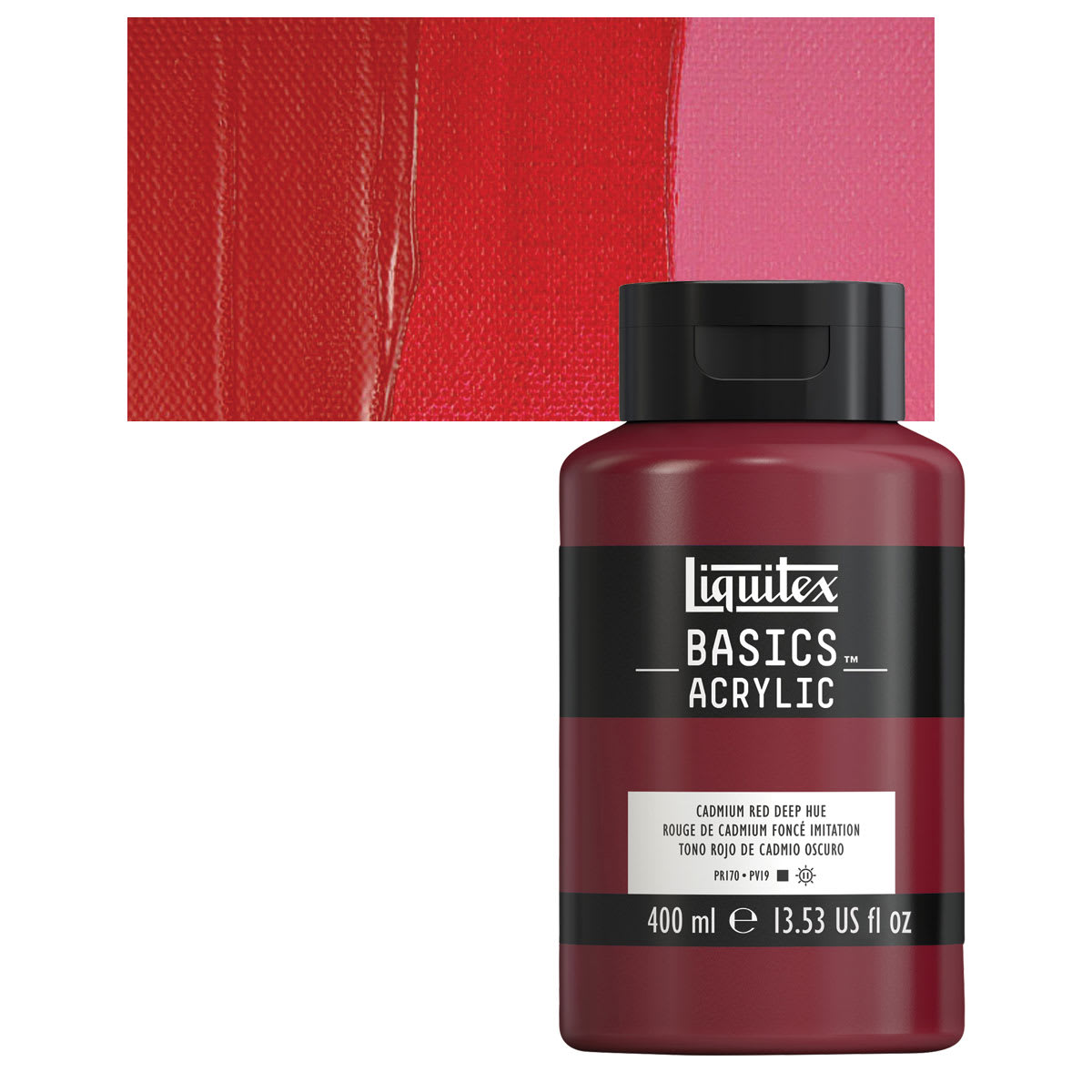 Liquitex Basics Acrylic Paint - Cadmium Red Deep Hue, 13.5 oz Squeeze Bottle and swatch