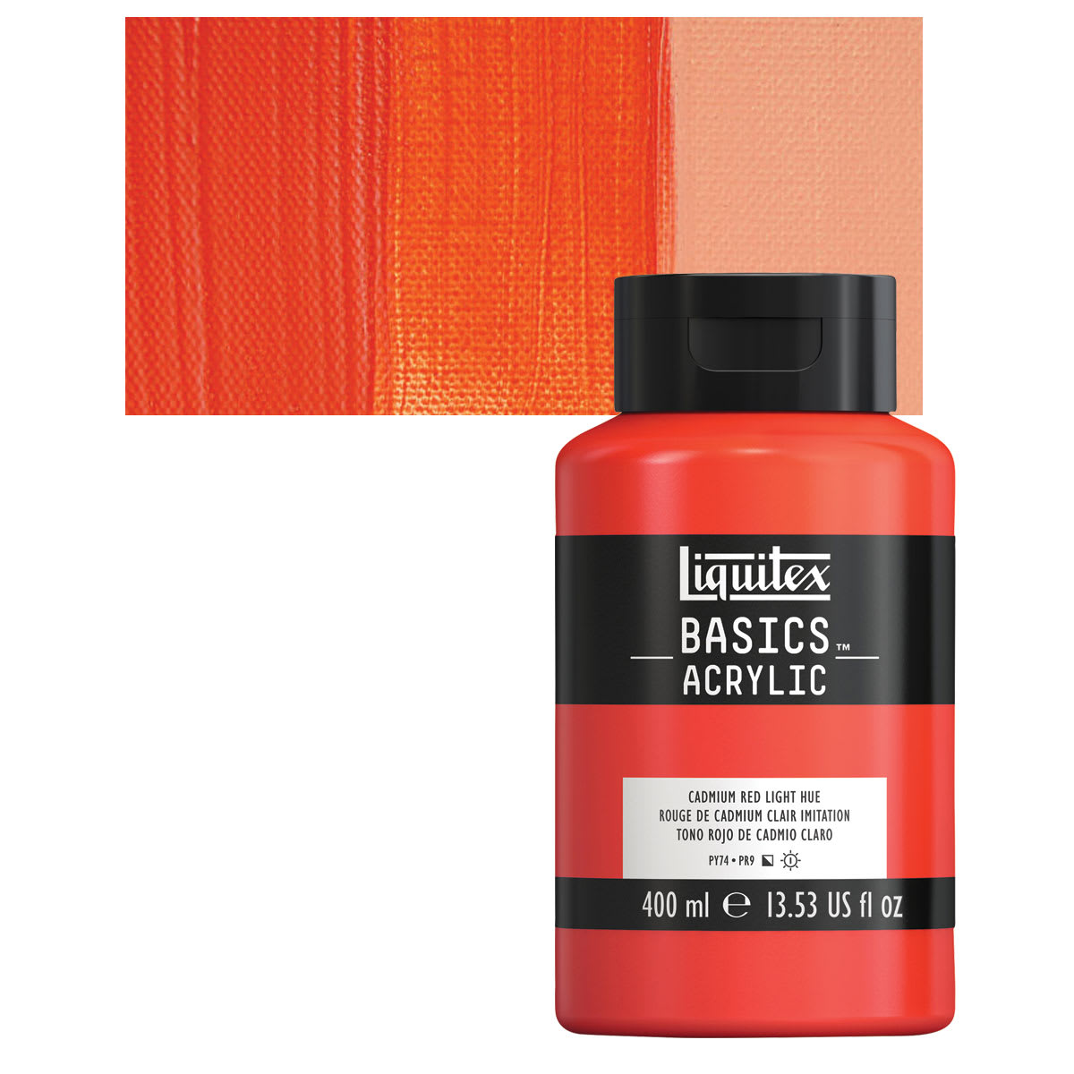 Liquitex Basics Acrylic Paint - Cadmium Red Light Hue, 13.5 oz Squeeze Bottle and swatch