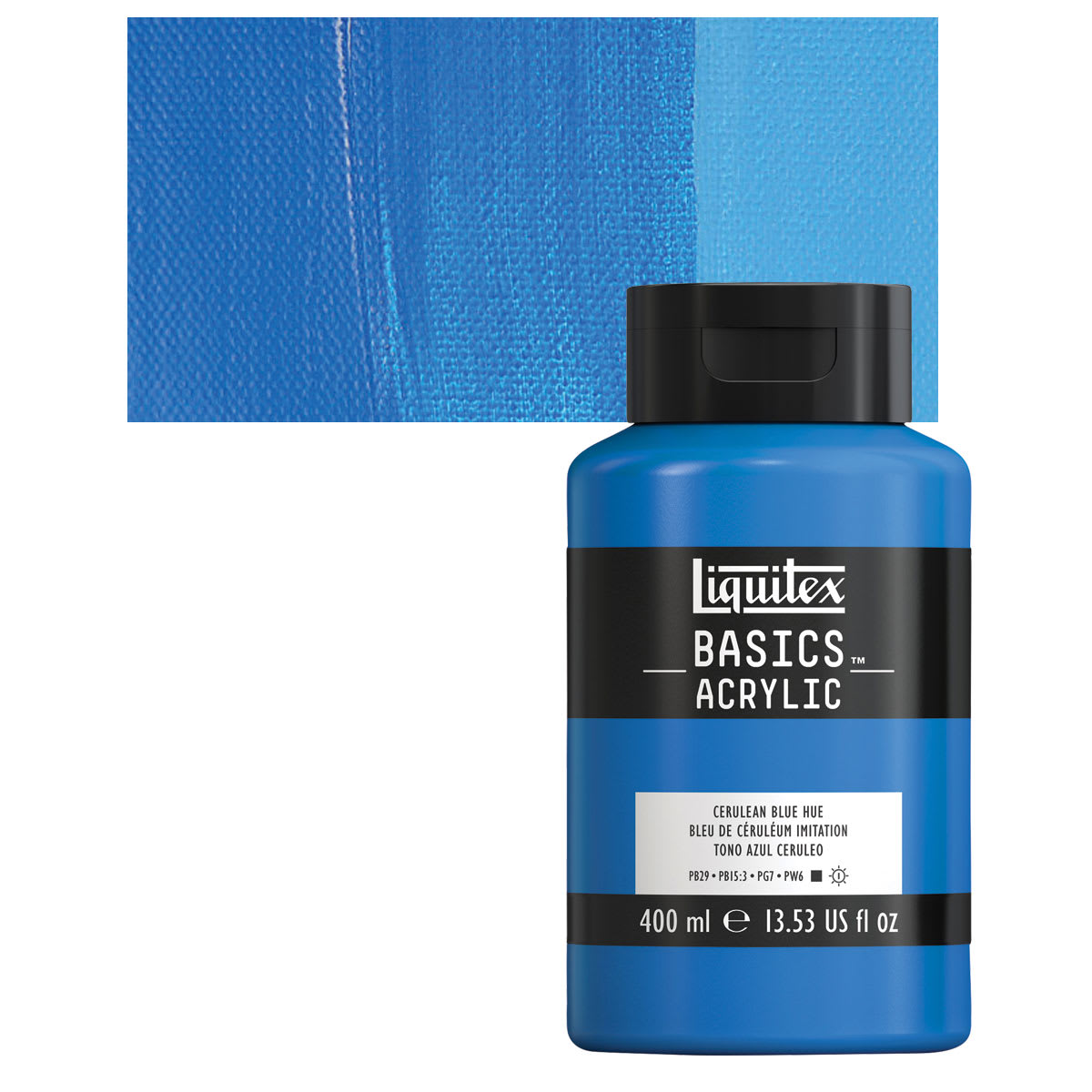 Liquitex Basics Acrylic Paint - Cerulean Blue Hue, 13.5 oz Bottle and swatch
