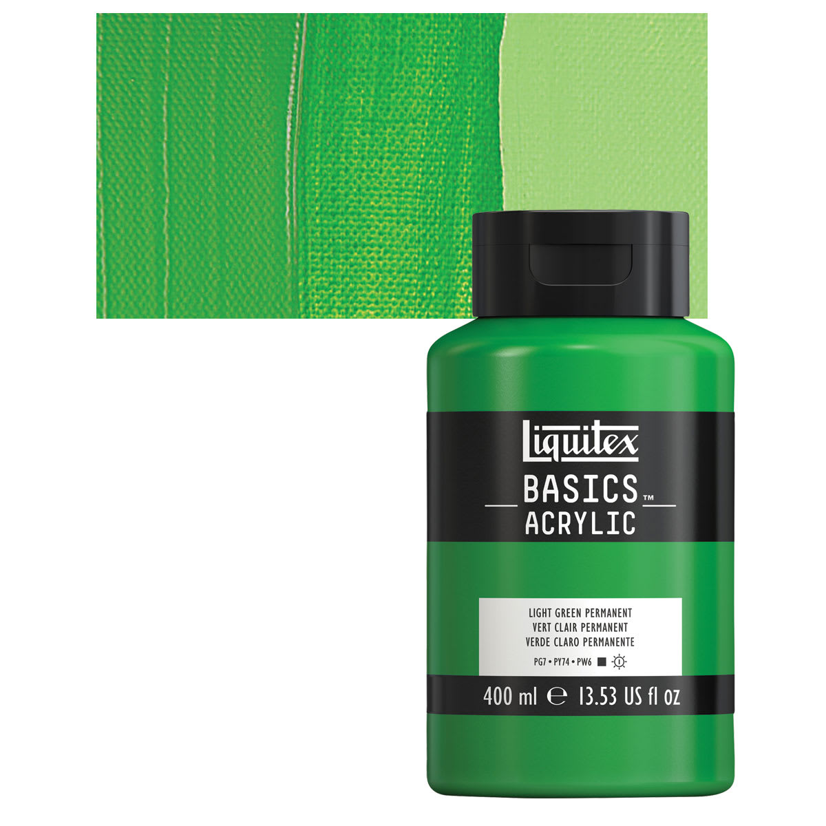 Liquitex Basics Acrylic Paint - Light Green Permanent, 13.5 oz Bottle and swatch
