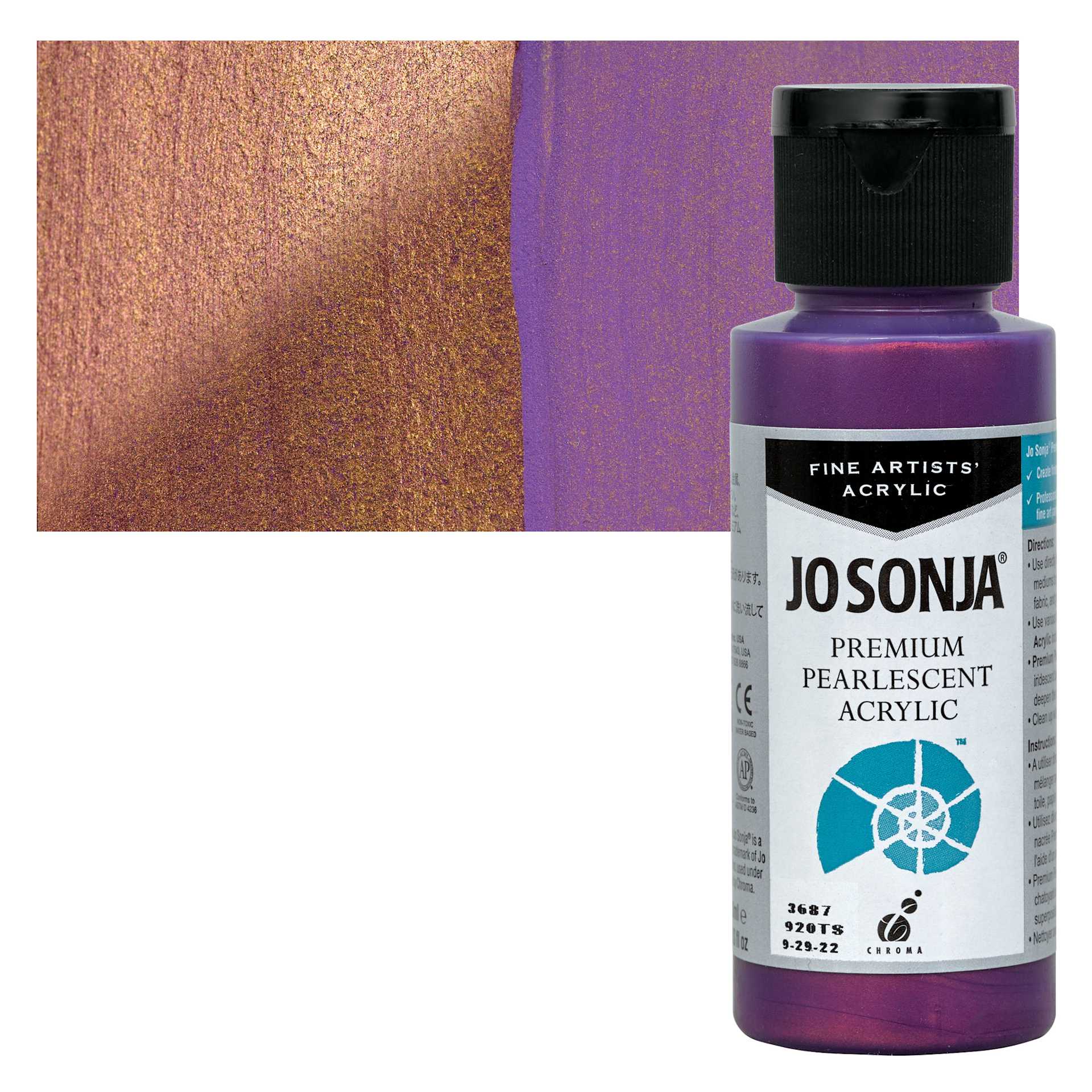 Chroma’s Jo Sonja Premium Pearlescent - Pearlescent Dark Red Violet, 2 oz bottle and swatch