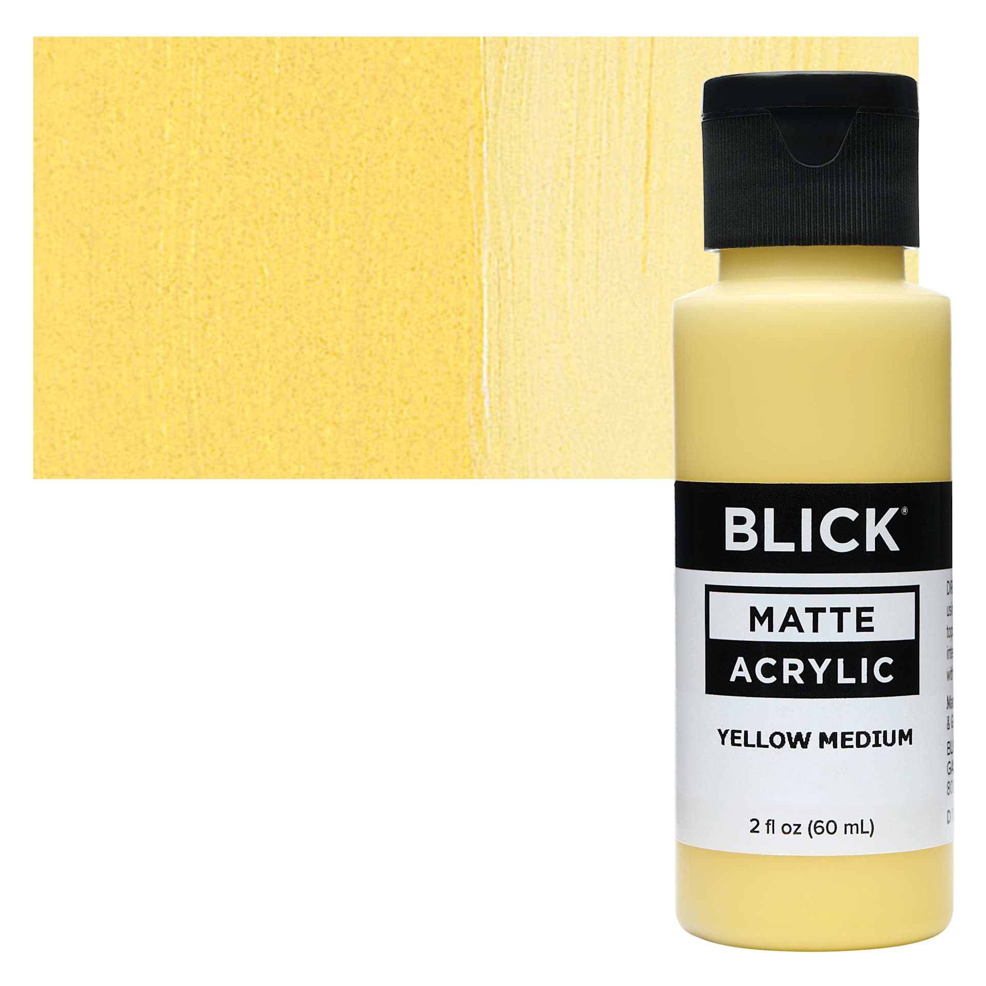 Blick Matte Acrylic - Yellow Medium, 2 oz bottle and swatch