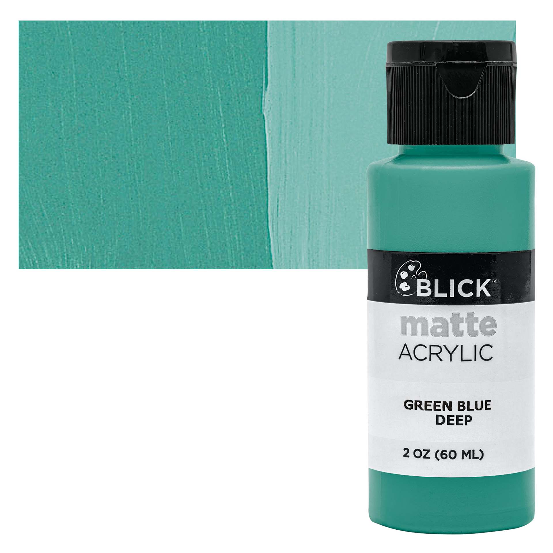 Blick Matte Acrylic - Green Blue Deep, 2 oz bottle and swatch
