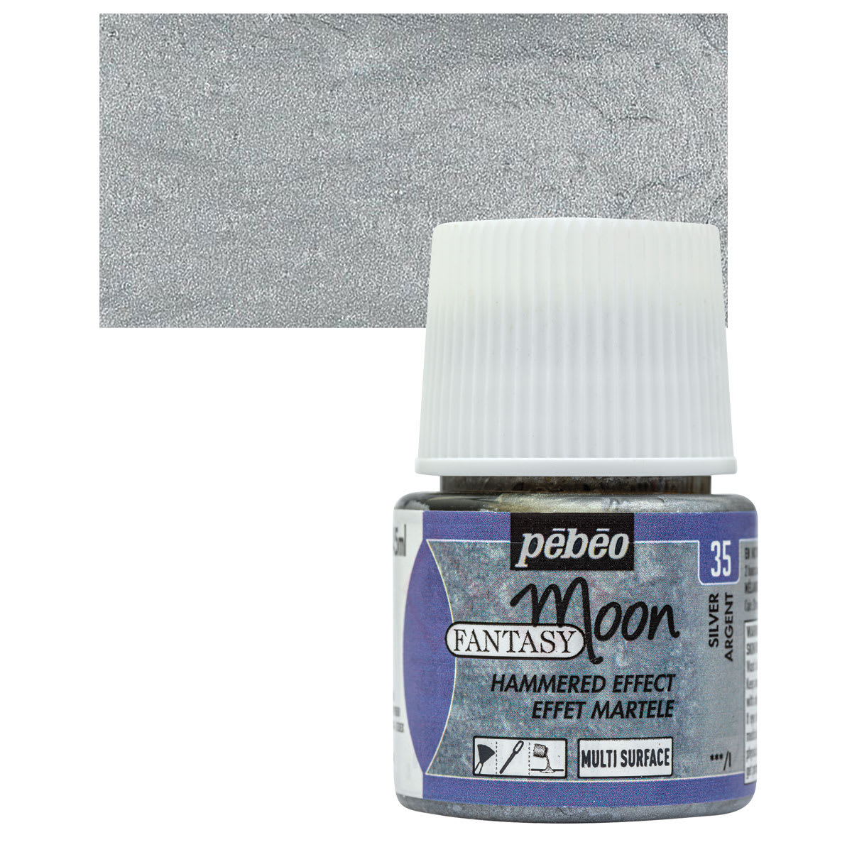 Pebeo Fantasy Moon Paint - Silver, 45 ml bottle and swatch