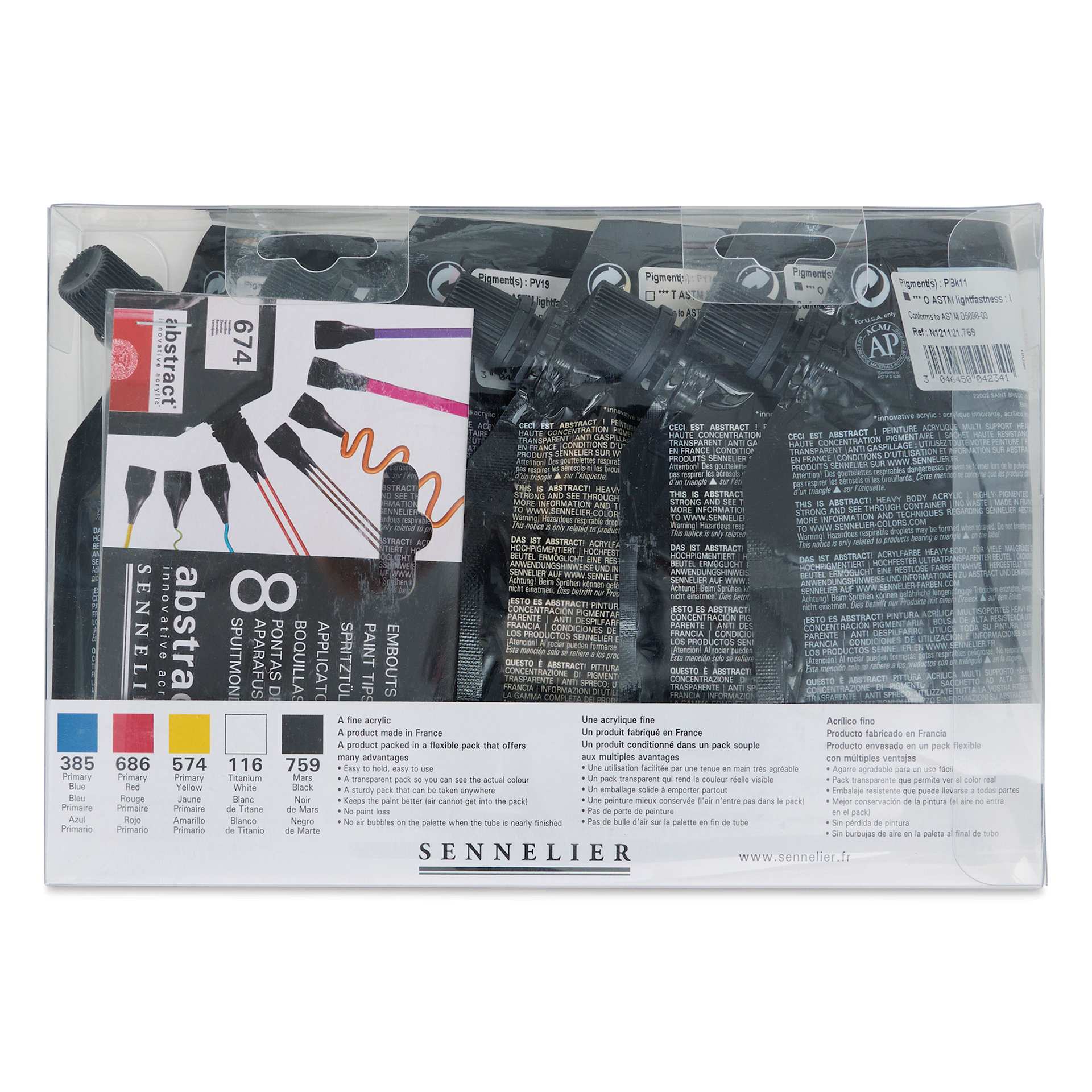 Sennelier Abstract Acrylic - Primary, Set of 5 with Tips (back of package)