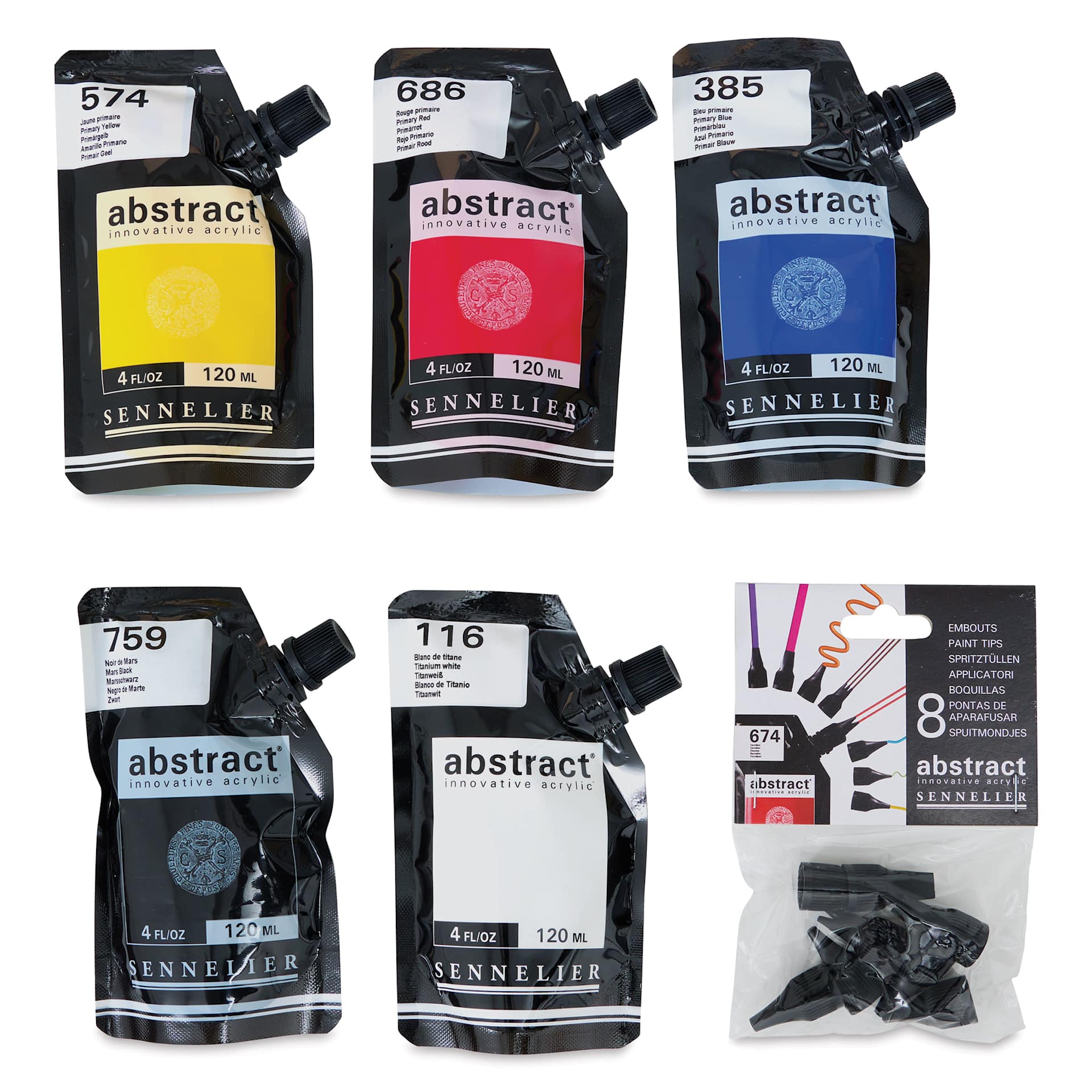 Sennelier Abstract Acrylic - Primary, Set of 5 with Tips Sennelier Abstract Acrylic - Primary, Set of 5 with Tips