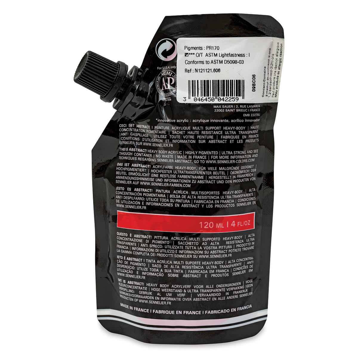 Sennelier Abstract Acrylic - Cadmium Red Deep Hue, 120 ml pouch back