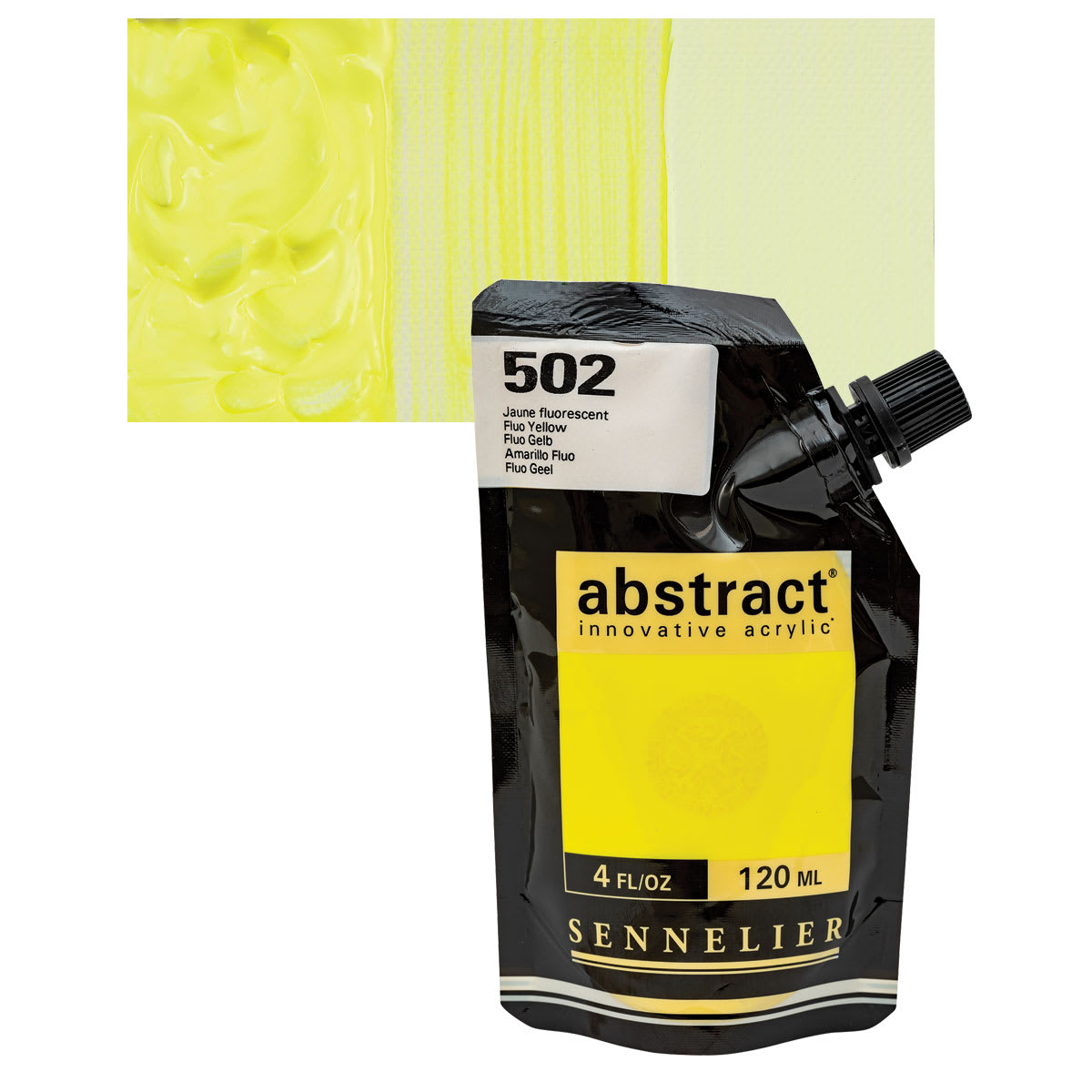 Sennelier Abstract Acrylic - Fluorescent Yellow, 120 ml pouch and swatch