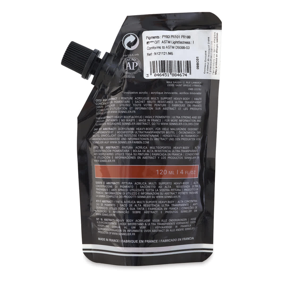 Sennelier Abstract Acrylic - Chinese Orange, 120 ml pouch back
