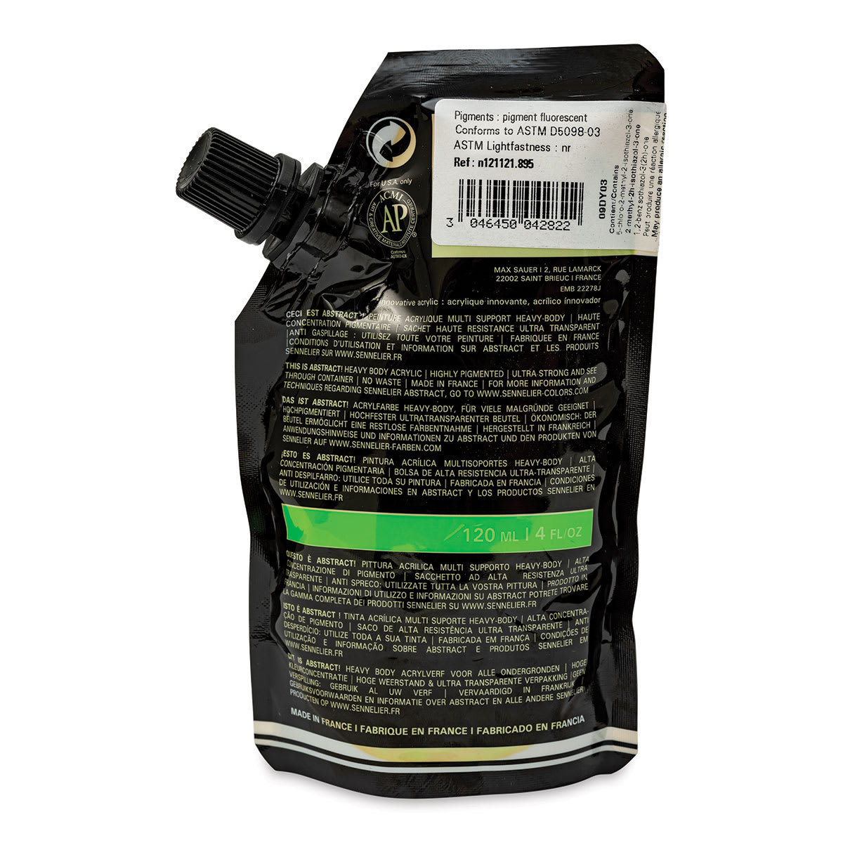 Sennelier Abstract Acrylic - Fluorescent Green, 120 ml pouch back