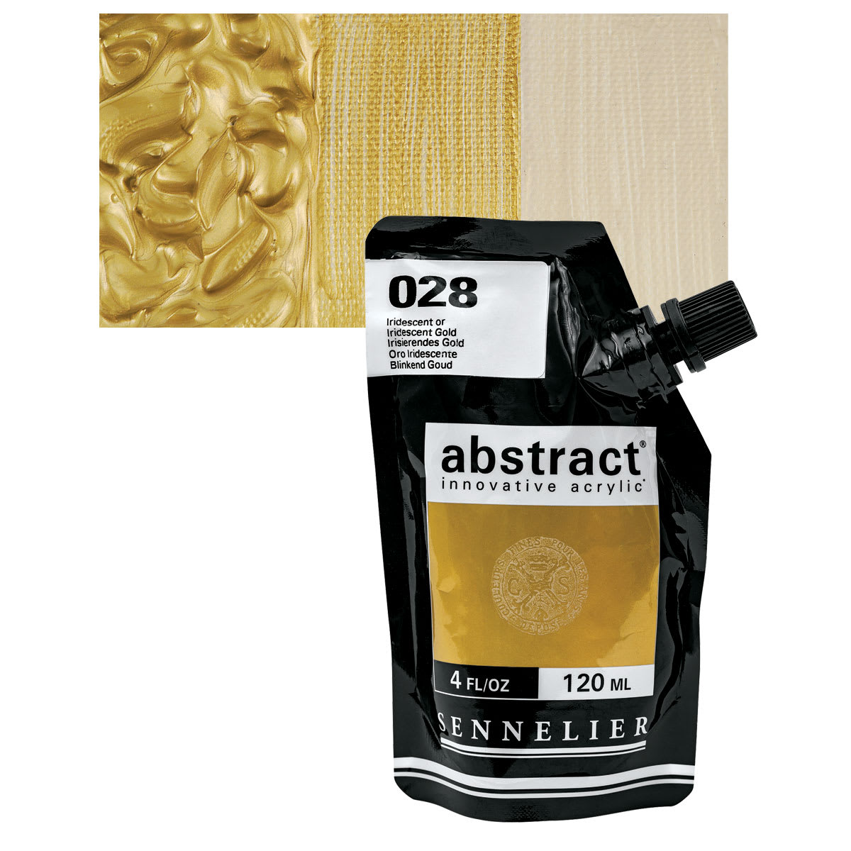 Sennelier Abstract Acrylic - Iridescent Gold, 120 ml pouch and swatch