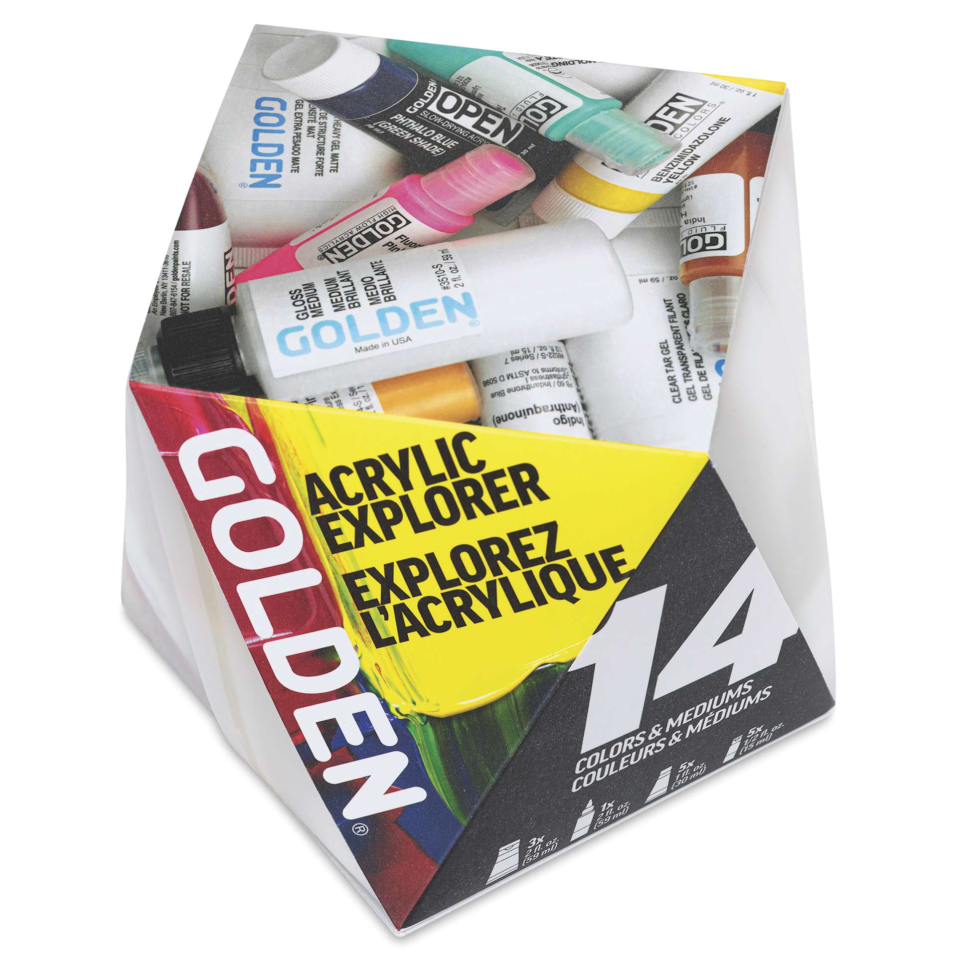 Front of package for Golden Acrylics Explorer 14 Set Front of package for Golden Acrylics Explorer 14 Set