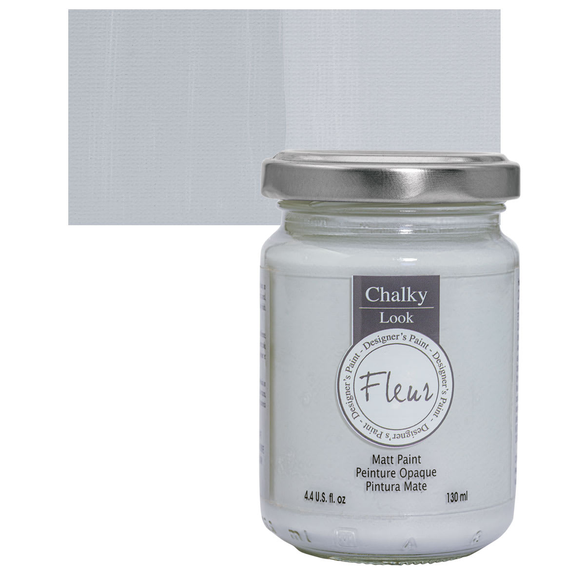Fleur Chalky Look Paint - All About Grey, 4.4 oz jar and swatch