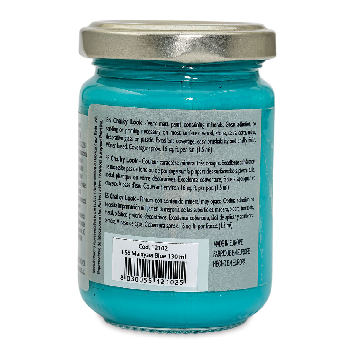 Fleur Chalky Look Paint - Malaysia Blue, 4.4 oz jar back