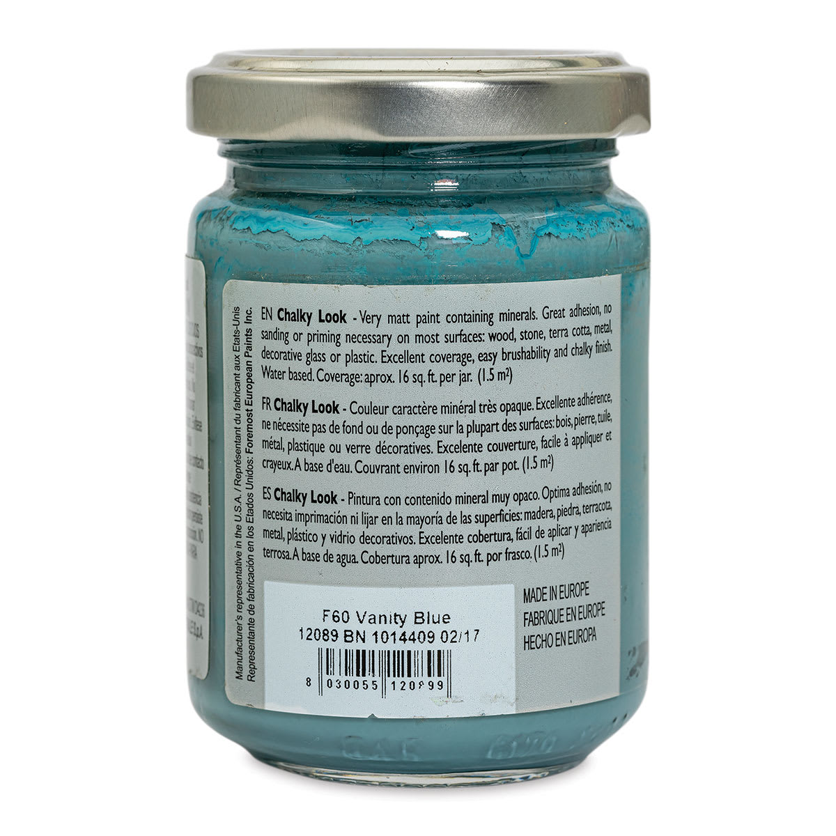 Fleur Chalky Look Paint - Vanity Blue, 4.4 oz jar back