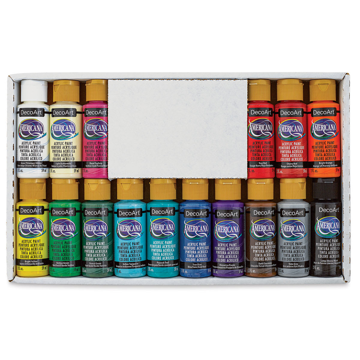 DecoArt Americana Acrylic Paint - Value Set, Set of 16, Assorted Colors, 2 oz, Bottles (Back of packaging)