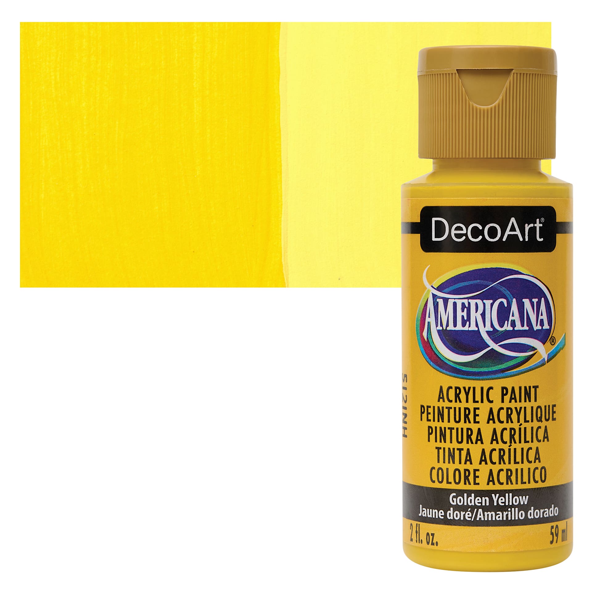 DecoArt Americana Acrylic Paint - Golden Yellow, 2 oz bottle and swatch