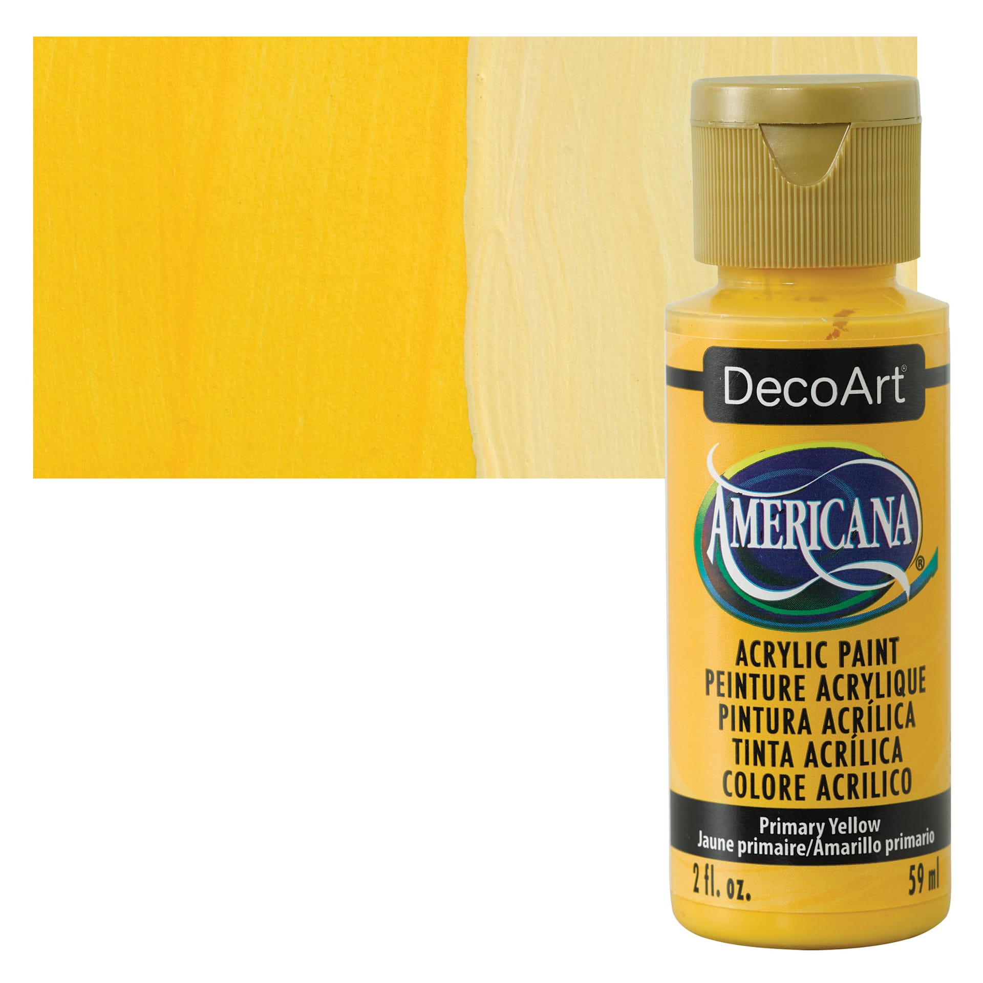 DecoArt Americana Acrylic Paint - Primary Yellow, 2 oz bottle and swatch