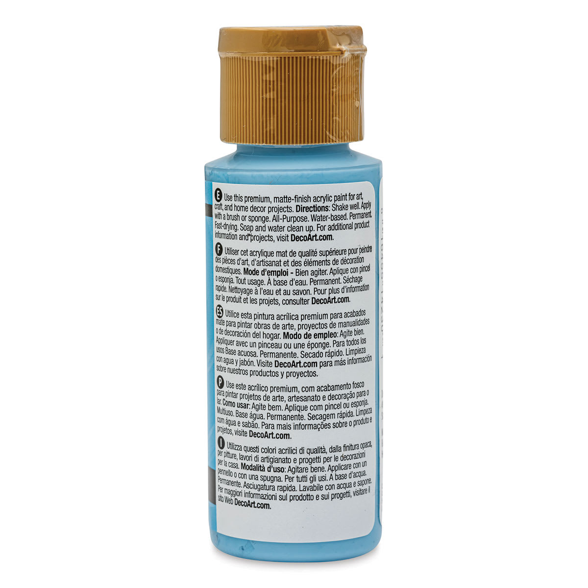DecoArt Americana Acrylic Paint - Baby Blue, 2 oz Swatch with bottle (Back of bottle)