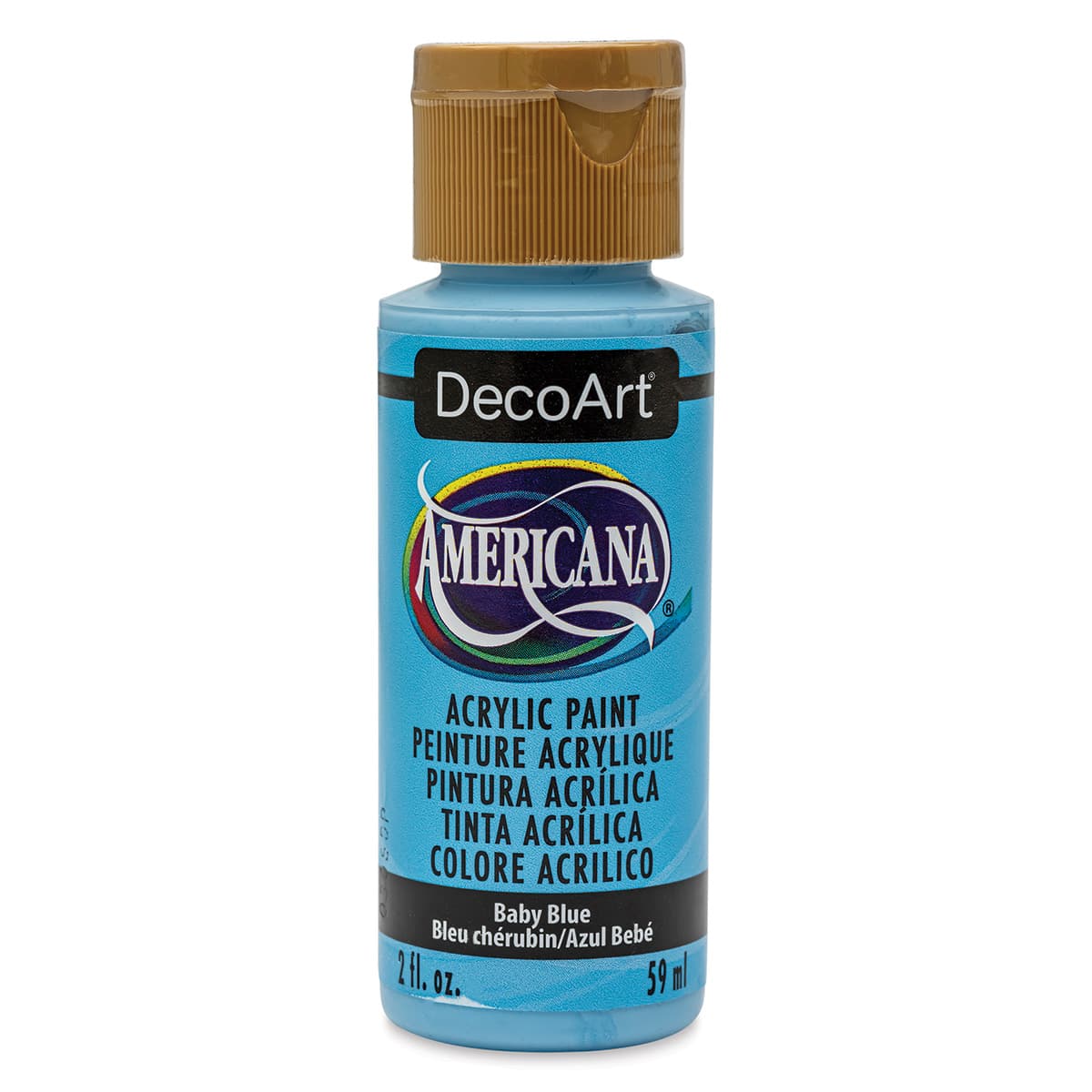 DecoArt Americana Acrylic Paint - Baby Blue, 2 oz Swatch with bottle (Front of bottle)