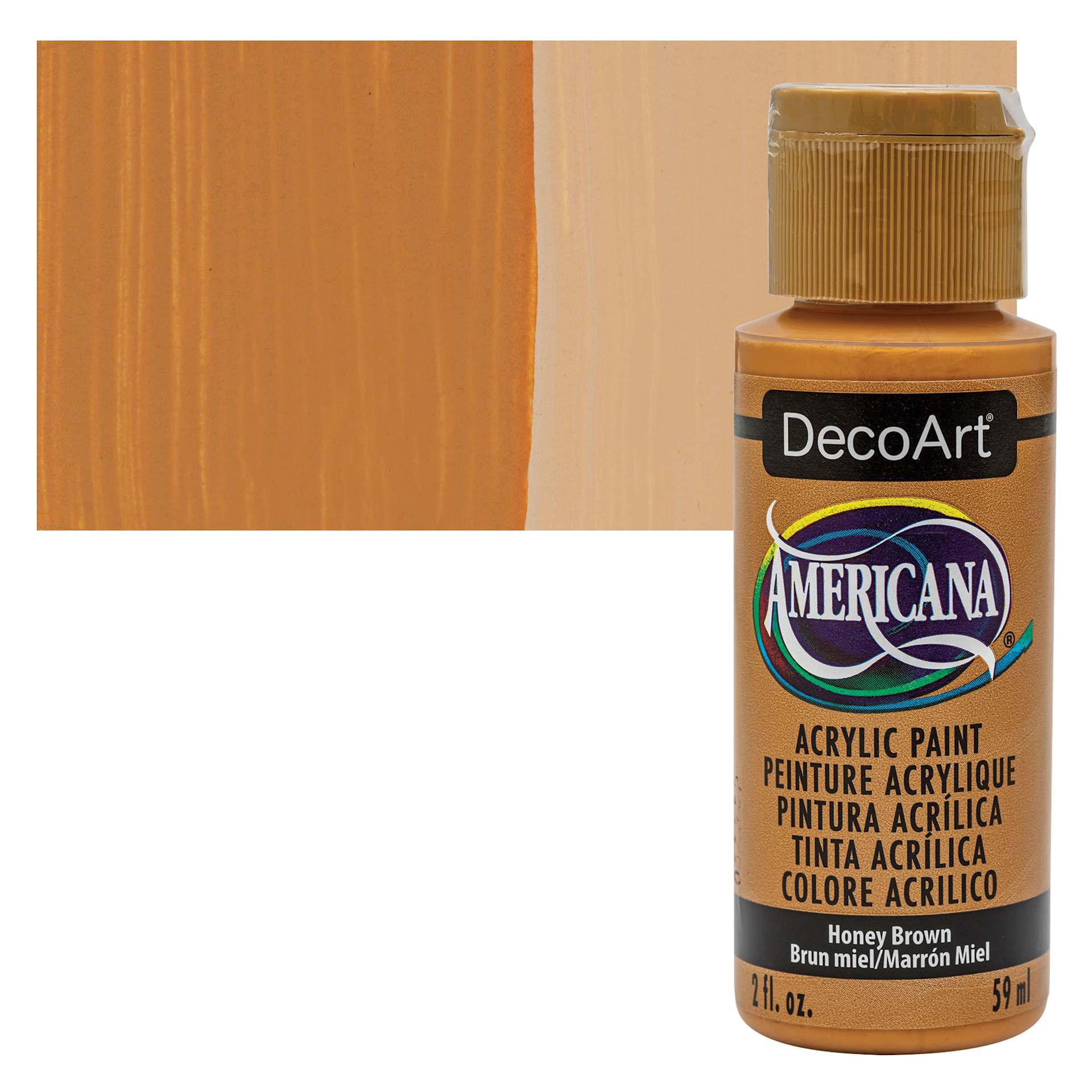 DecoArt Americana Acrylic Paint - Honey Brown, 2 oz bottle and swatch