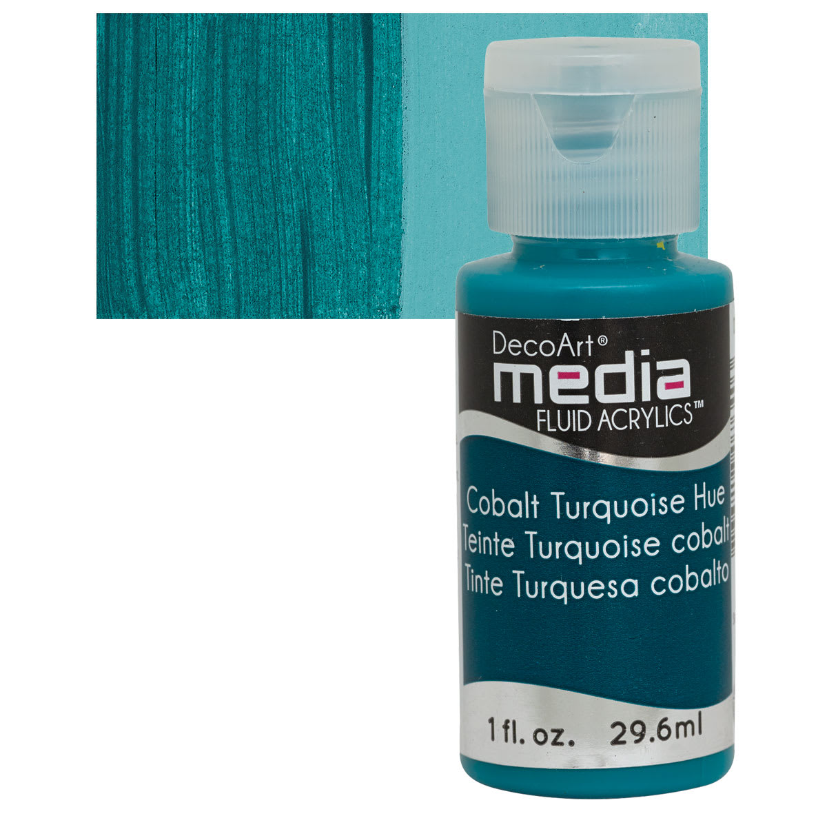 Deco Art Media Fluid Acrylic - Cobalt Turquoise Hue 1 oz Bottle and swatch