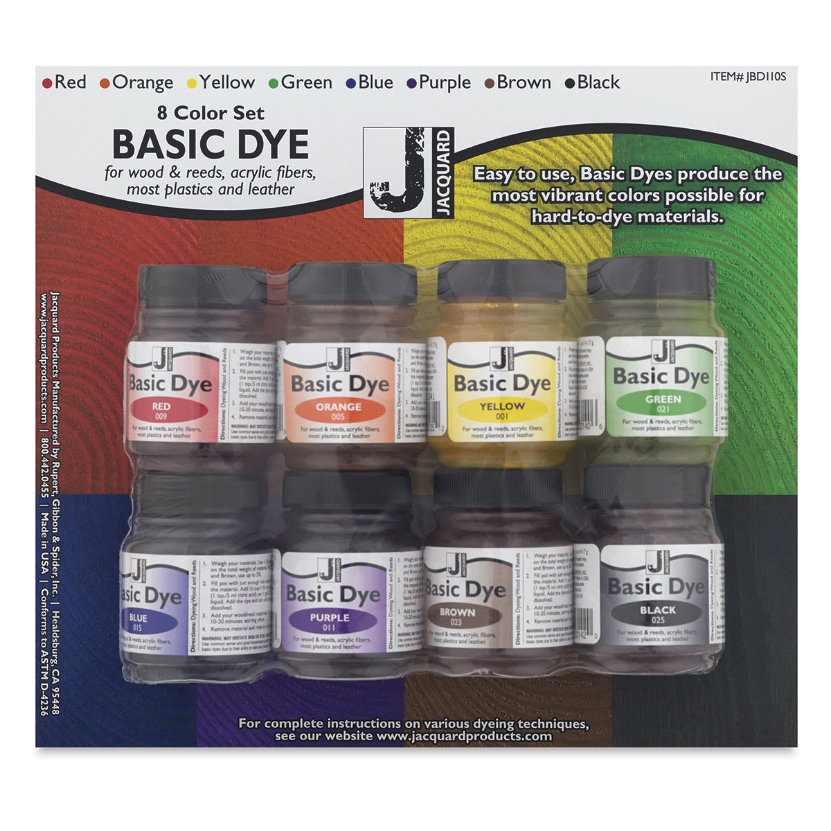 Jacquard Basic Dyes - Front of package of set of 8 showing Jars of colors
