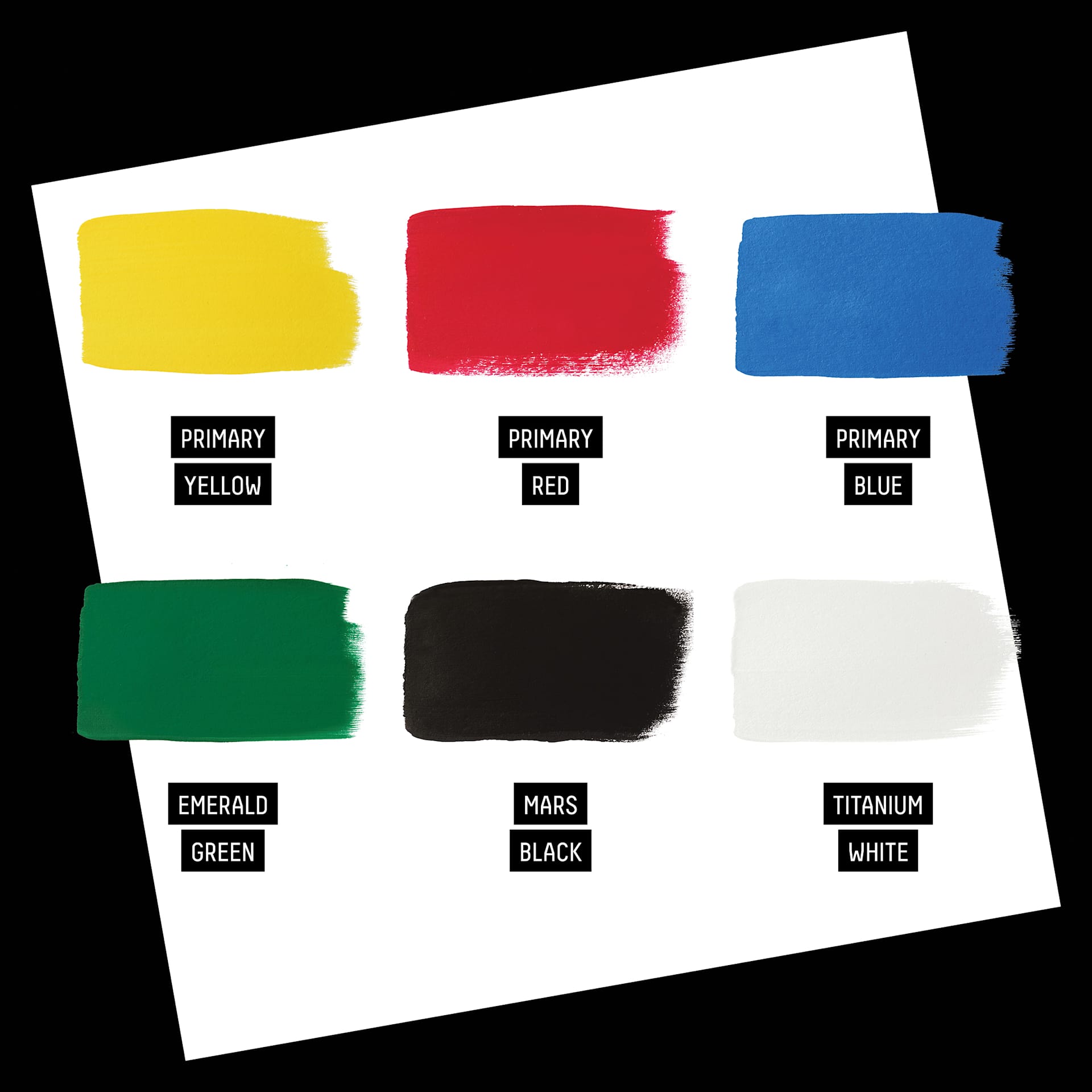 Liquitex Acrylic Gouache - Set of 6, Primaries, 22ml, swatches Set content color list. Primary Yellow, Primary Red, Primary Blue, Emerald Green, Mars Black, Titanium White.