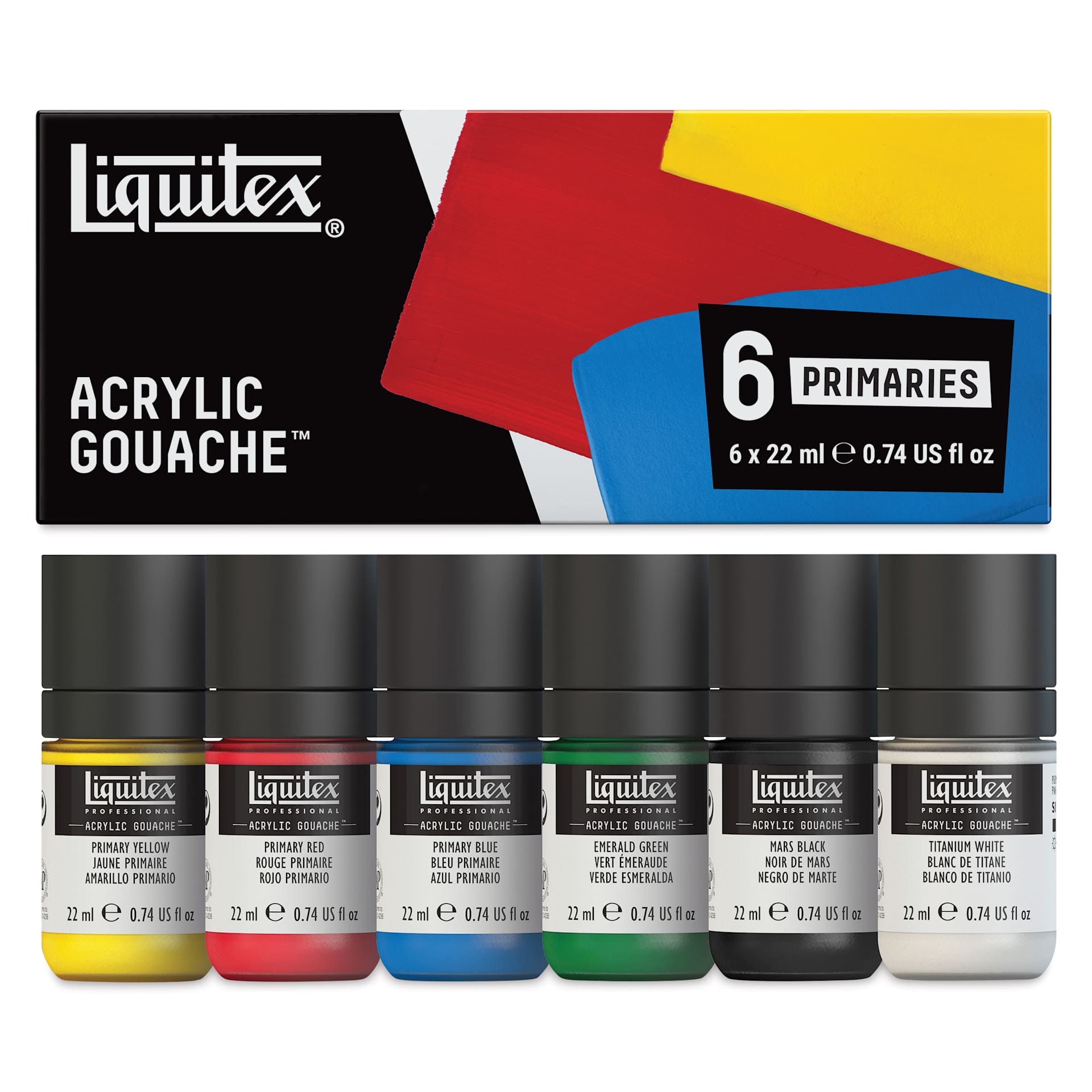 Liquitex Acrylic Gouache - Set of 6, Primaries, 22ml, contents and packaging