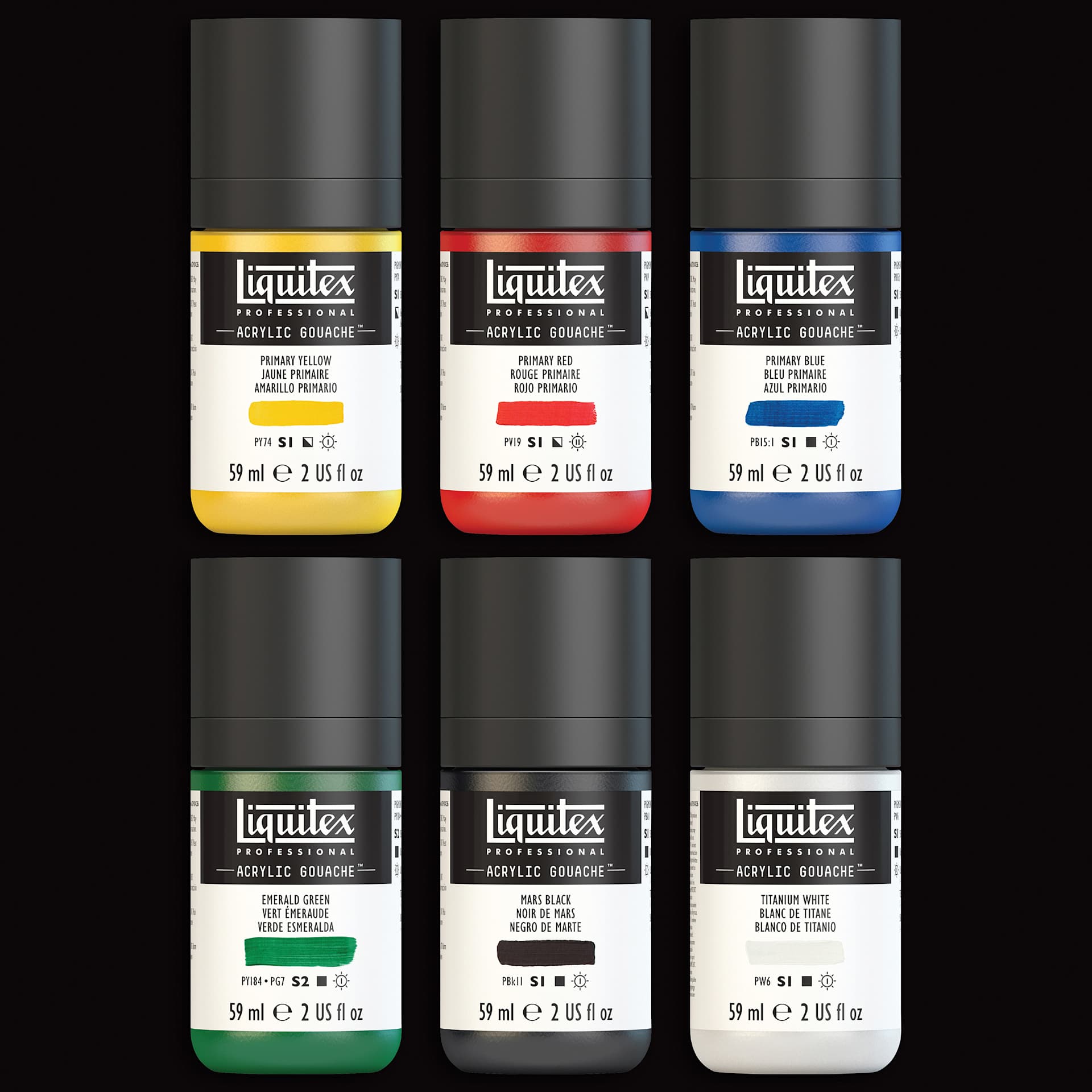 Liquitex Acrylic Gouache - Set of 6, Primaries, 59 ml, set contents Liquitex Acrylic Gouache - Set of 6, Primaries, 59 ml, set contents