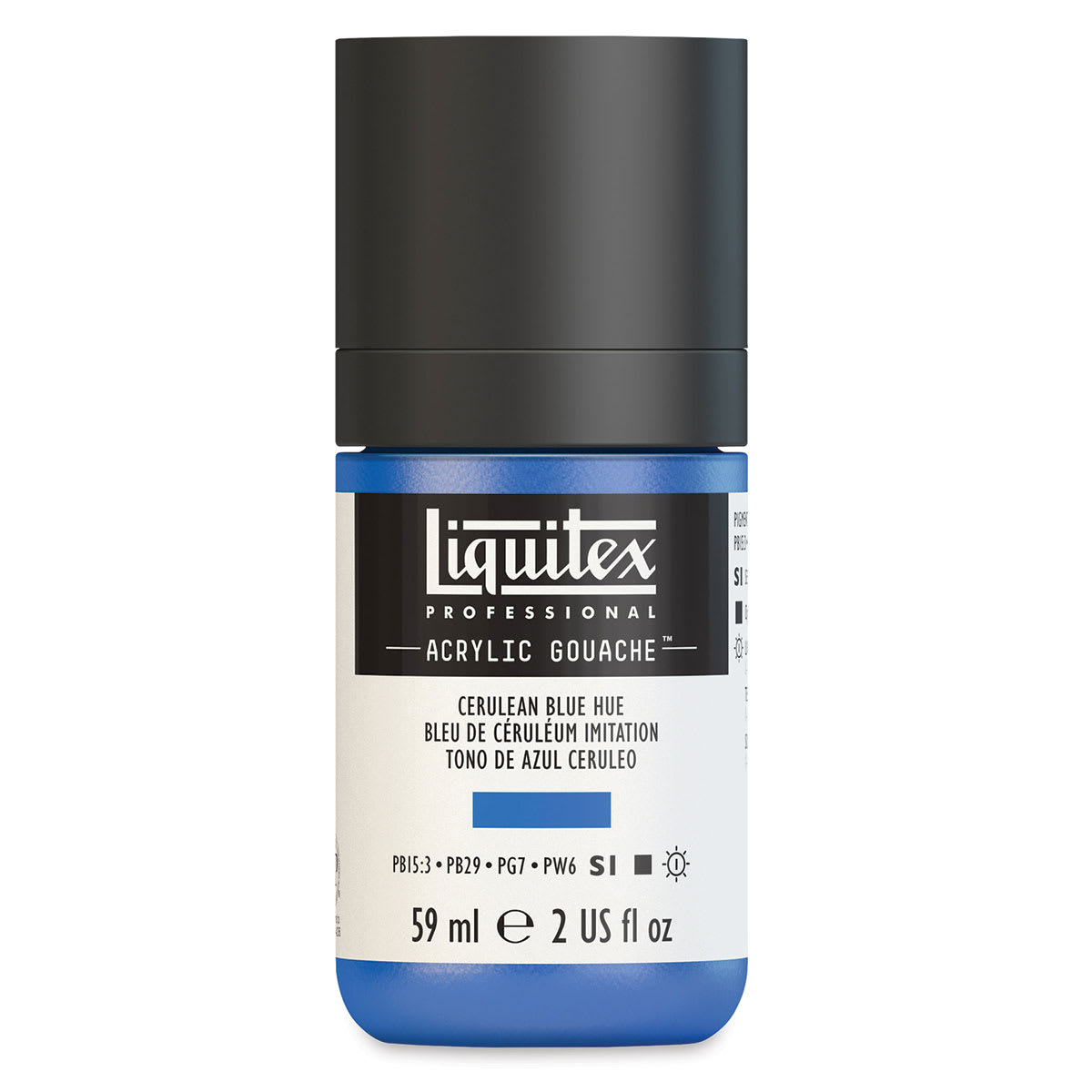Liquitex Professional Acrylic Gouache - Cerulean Blue Hue. Front of jar. Liquitex Professional Acrylic Gouache - Cerulean Blue Hue. Front of jar.