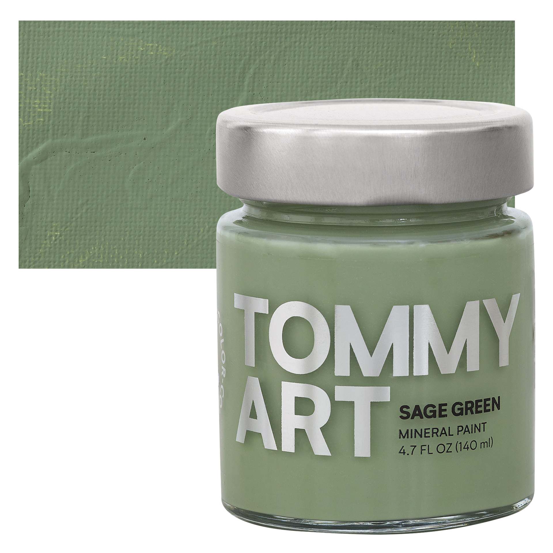 Tommy Art Mineral Paint - Sage Green, 140 ml jar and swatch