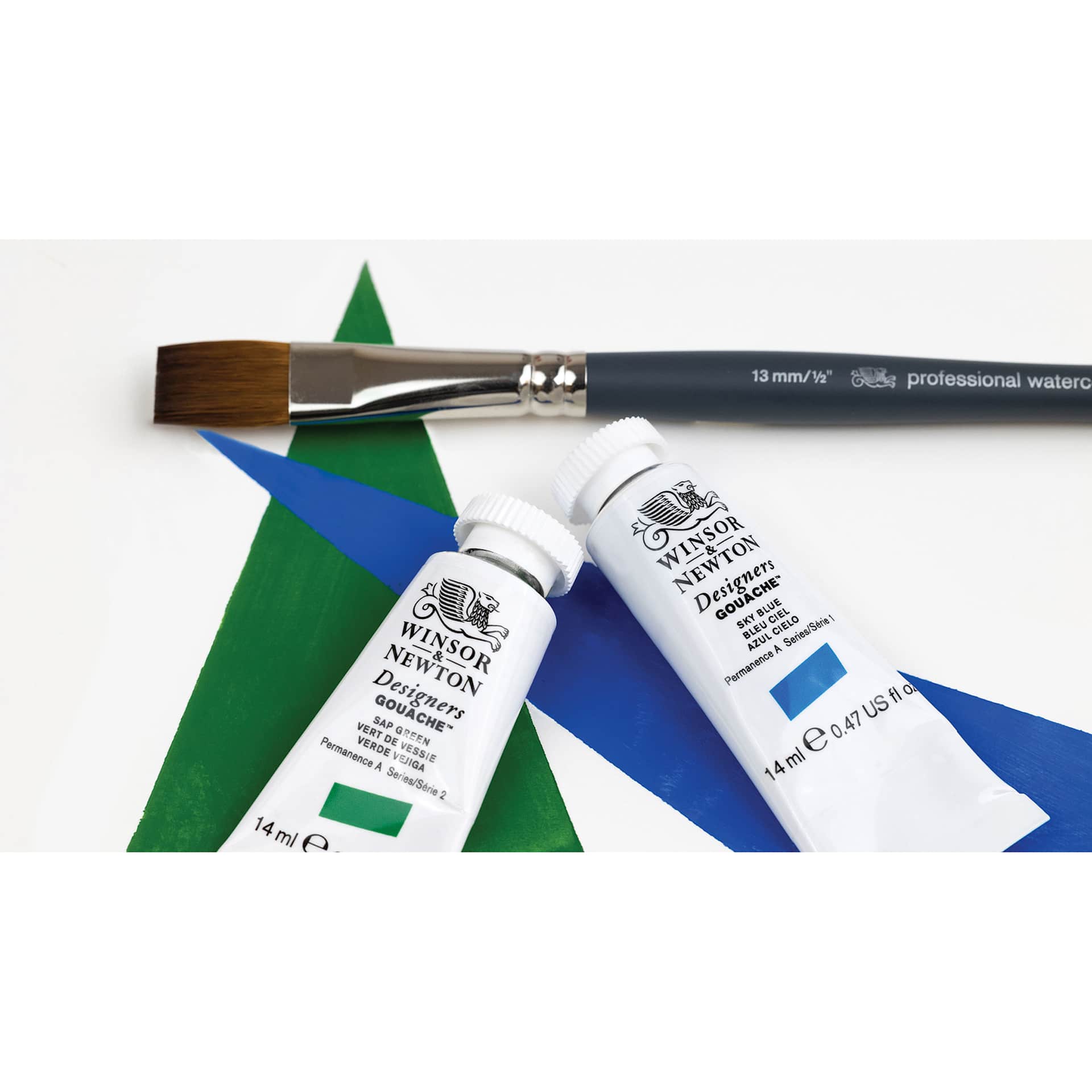 Sap Green and Sky Blue Winsor & Newton Designers Gouache paint and tubes with brush. Sap Green and Sky Blue Winsor & Newton Designers Gouache paint and tubes with brush.