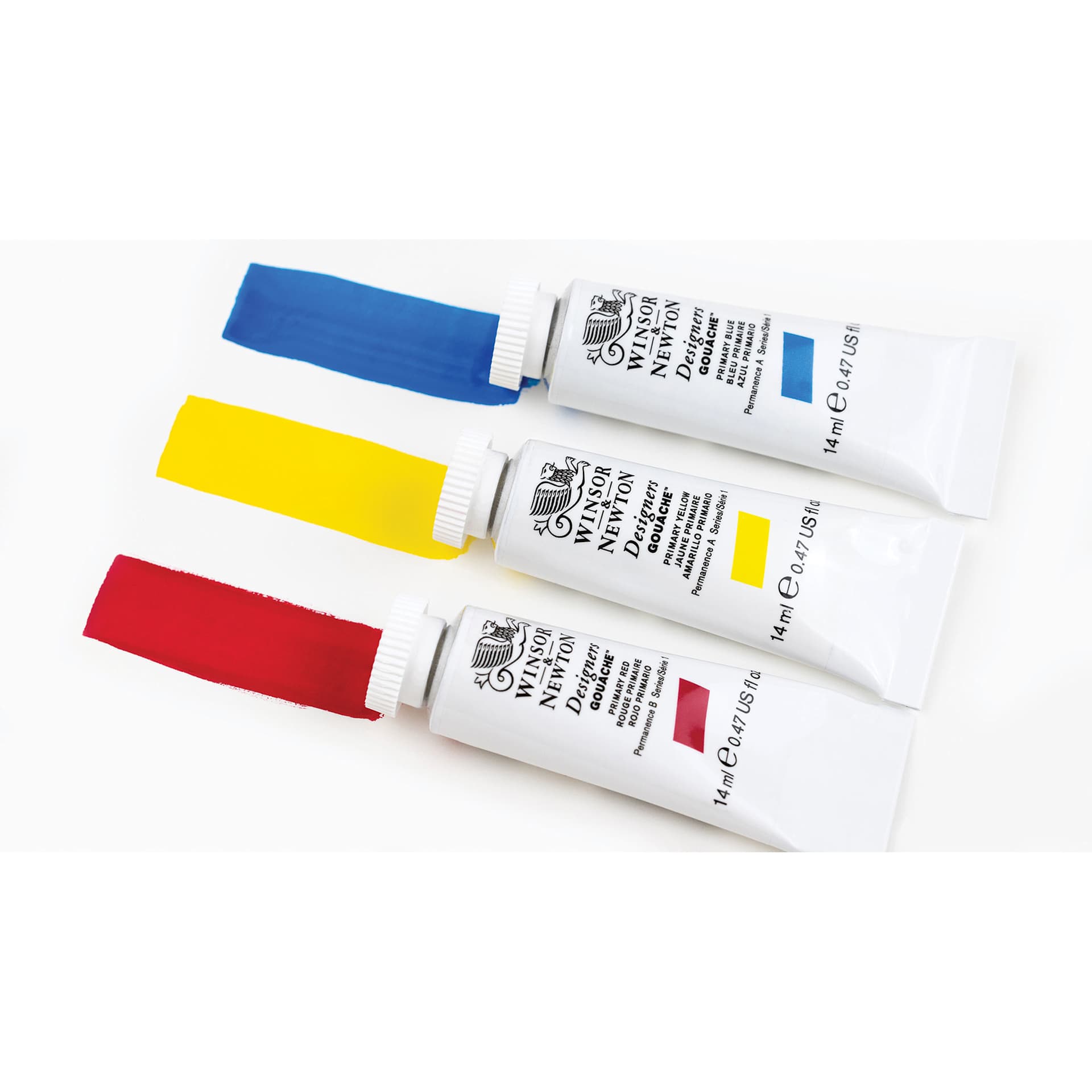 Primary Red, Yellow, and Blue Winsor & Newton Designers Gouache tubes with paint. Primary Red, Yellow, and Blue Winsor & Newton Designers Gouache tubes with paint.