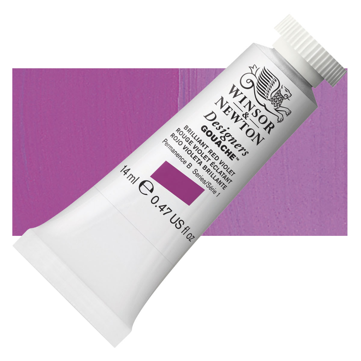 Winsor & Newton Designers Gouache - Brilliant Red Violet, 14 ml tube and swatch