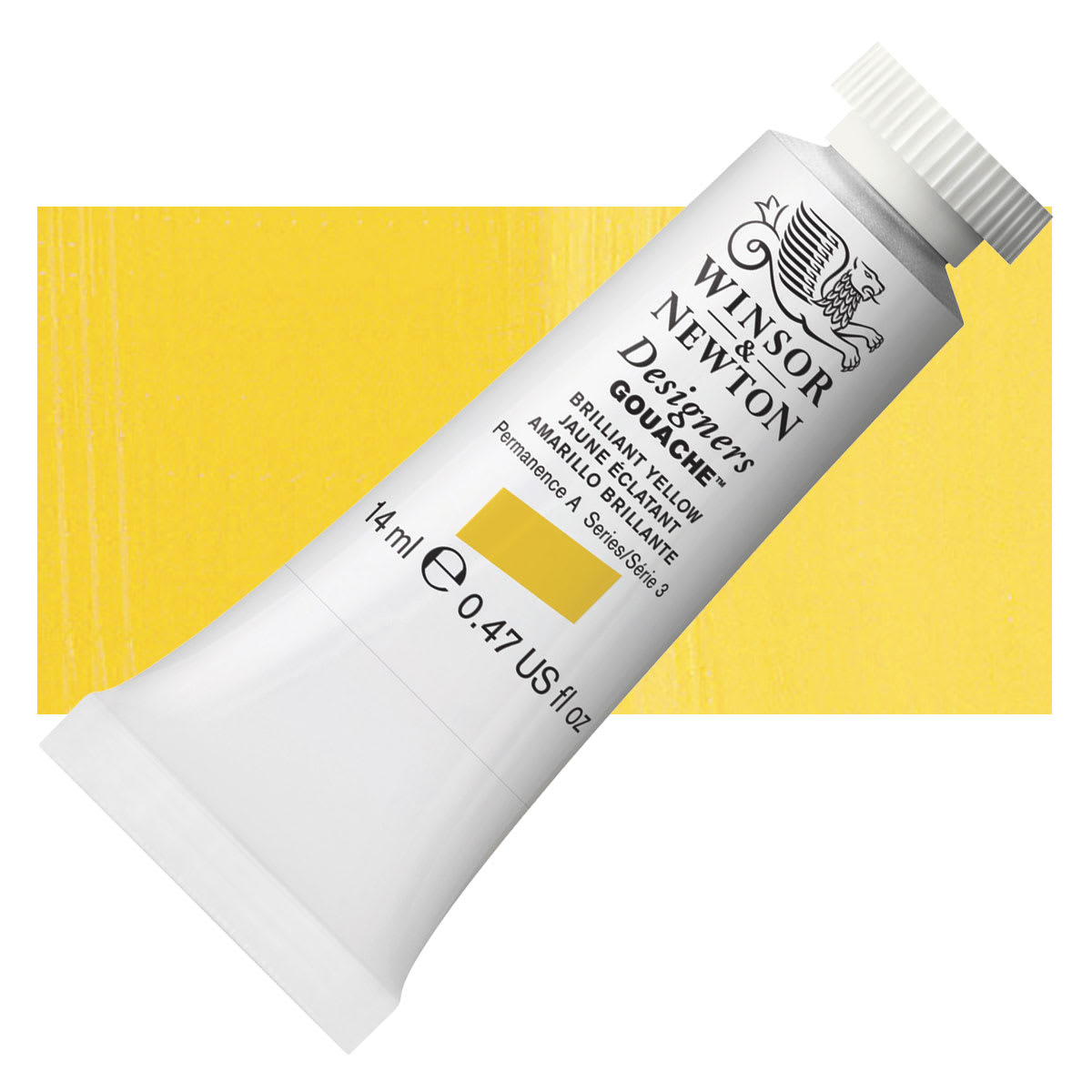 Winsor & Newton Designers Gouache - Brilliant Yellow, 14 ml tube and swatch