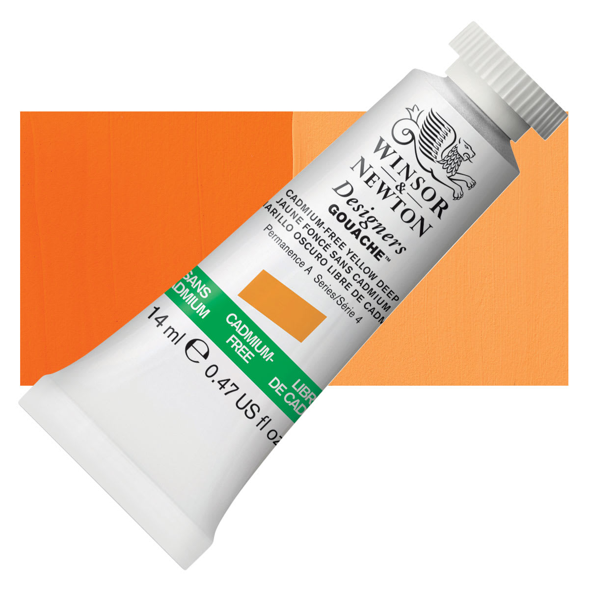Winsor & Newton Designers Gouache - Cadmium-Free Yellow Deep, 14 ml tube and swatch Winsor & Newton Designers Gouache - Cadmium-Free Yellow Deep, 14 ml tube and swatch