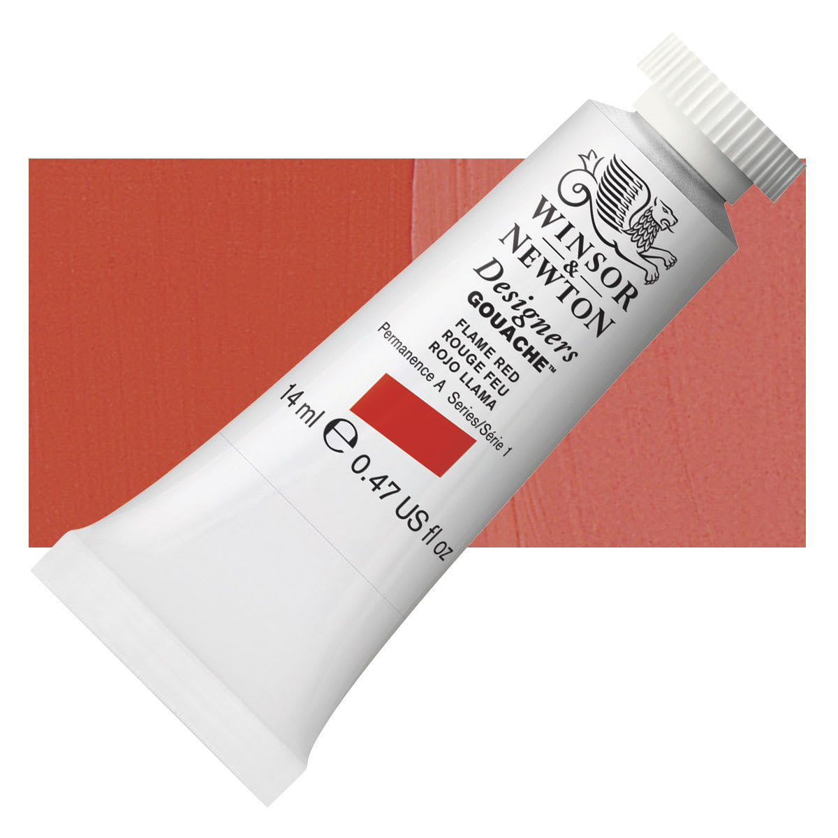 Winsor & Newton Designers Gouache - Flame Red, 14 ml tube and swatch