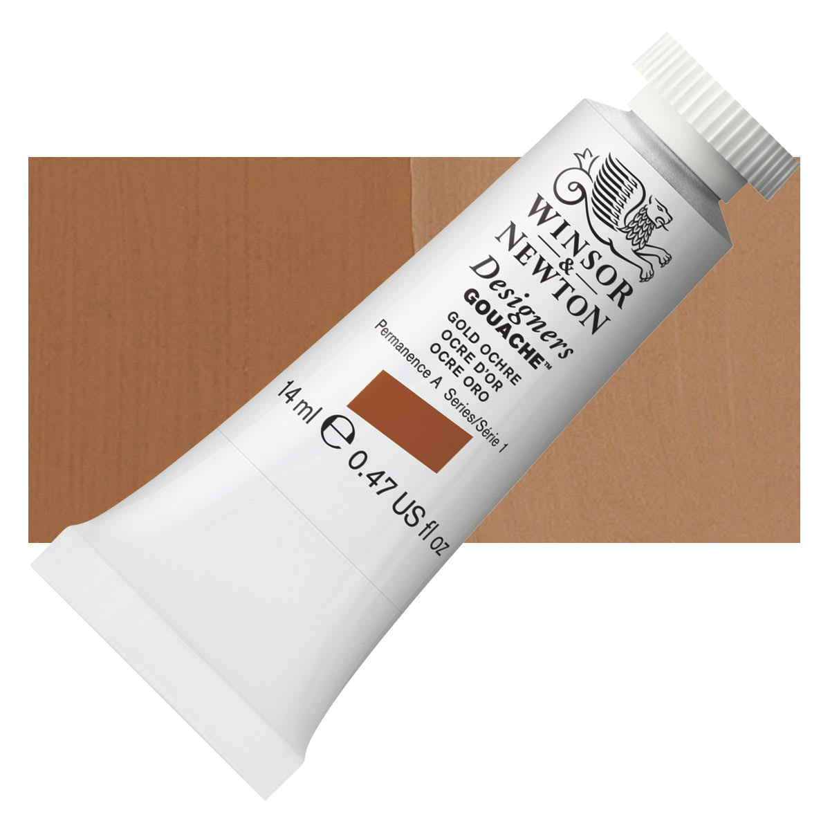 Winsor & Newton Designers Gouache - Gold Ochre, 14 ml tube and swatch