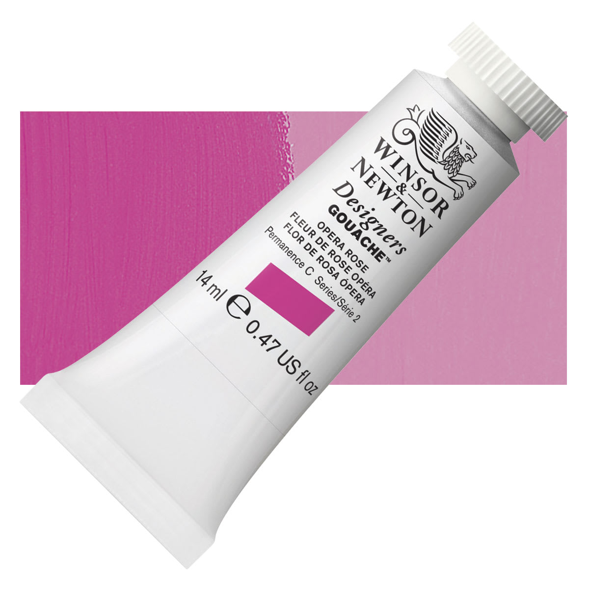 Winsor & Newton Designers Gouache - Opera Rose, 14 ml tube and swatch