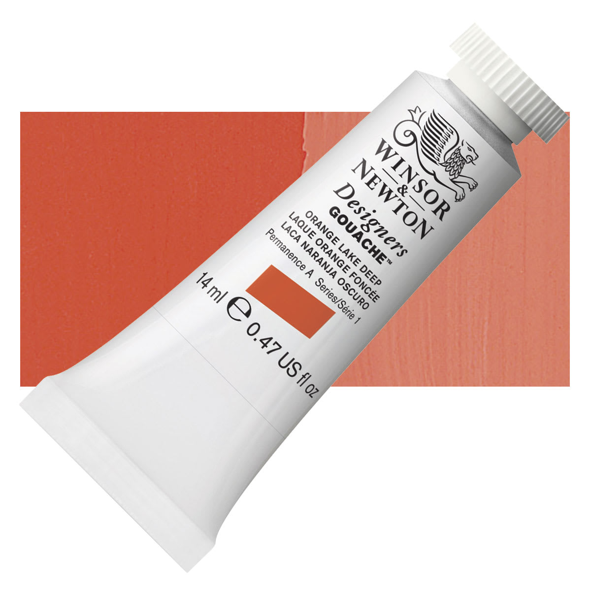 Winsor & Newton Designers Gouache - Orange Lake Deep, 14 ml tube and swatch