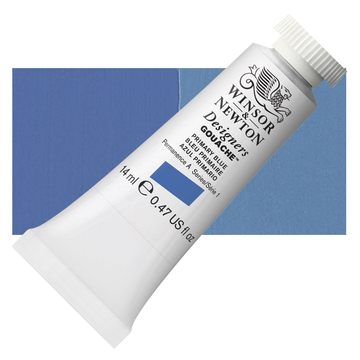 Winsor & Newton Designers Gouache - Primary Blue, 14 ml tube and swatch