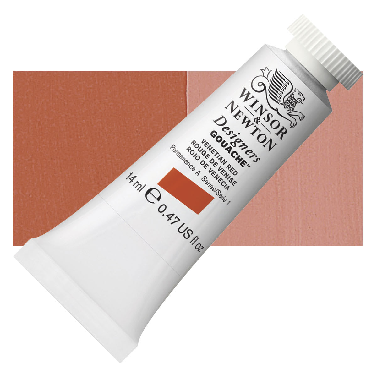 Winsor & Newton Designers Gouache - Venetian Red, 14 ml tube and swatch
