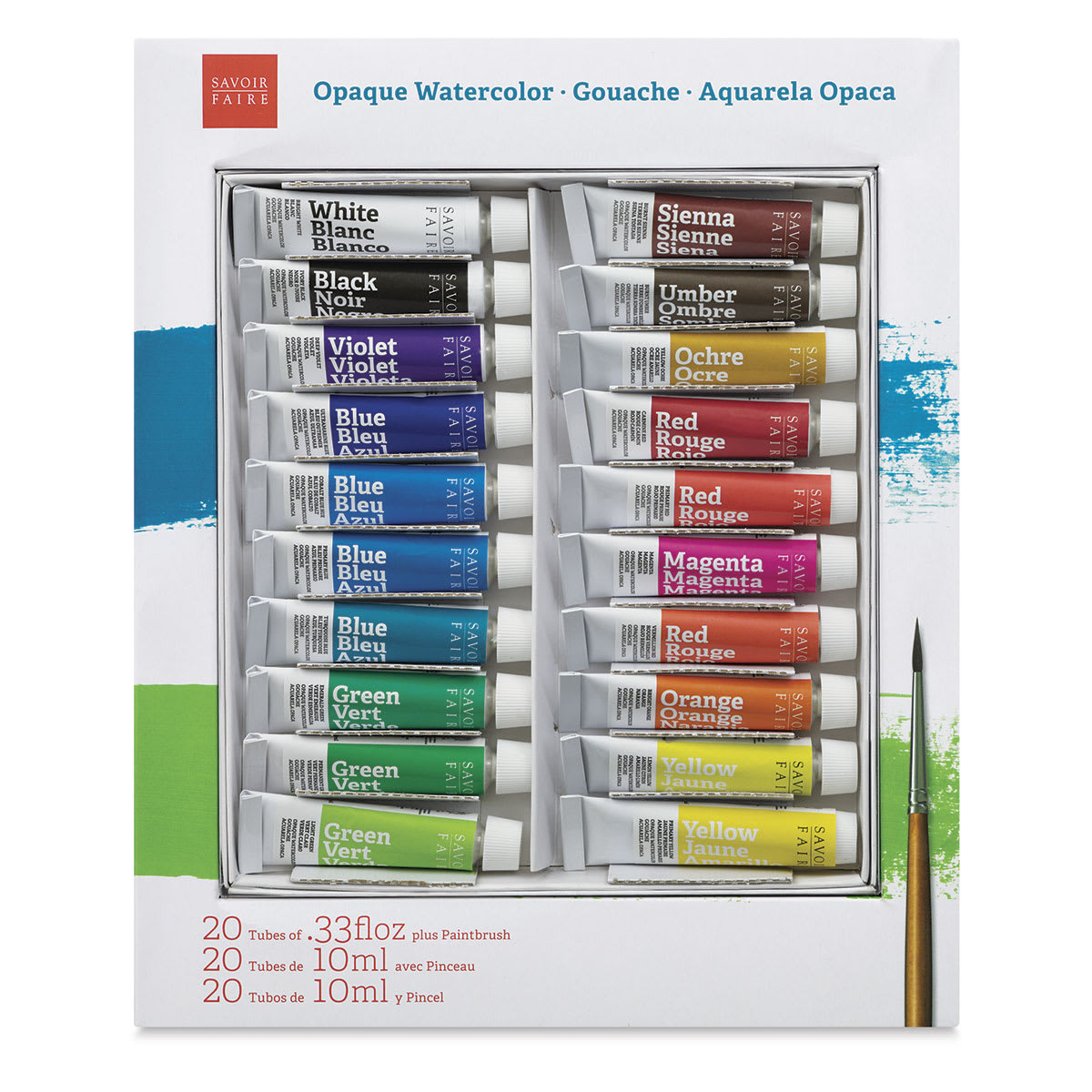 Savoir Faire Opaque Watercolor Gouache - Set of 20 Colors front of package Savoir Faire Opaque Watercolor Gouache - Set of 20 Colors front of package