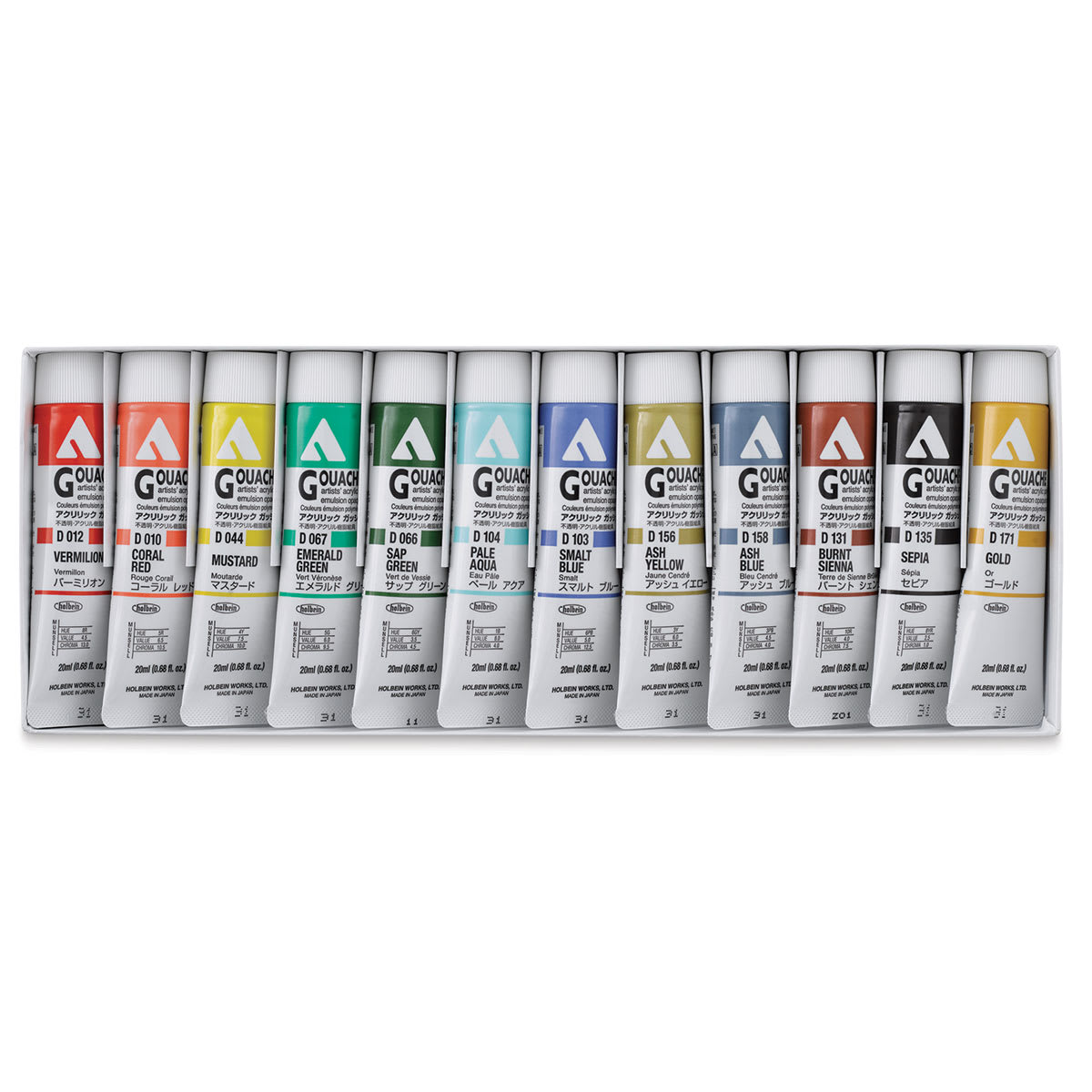 Holbein Acrylic Gouache - Set of 12, Rebecca Green Assorted Colors, 20 ml set contents Holbein Acrylic Gouache - Set of 12, Rebecca Green Assorted Colors, 20 ml set contents